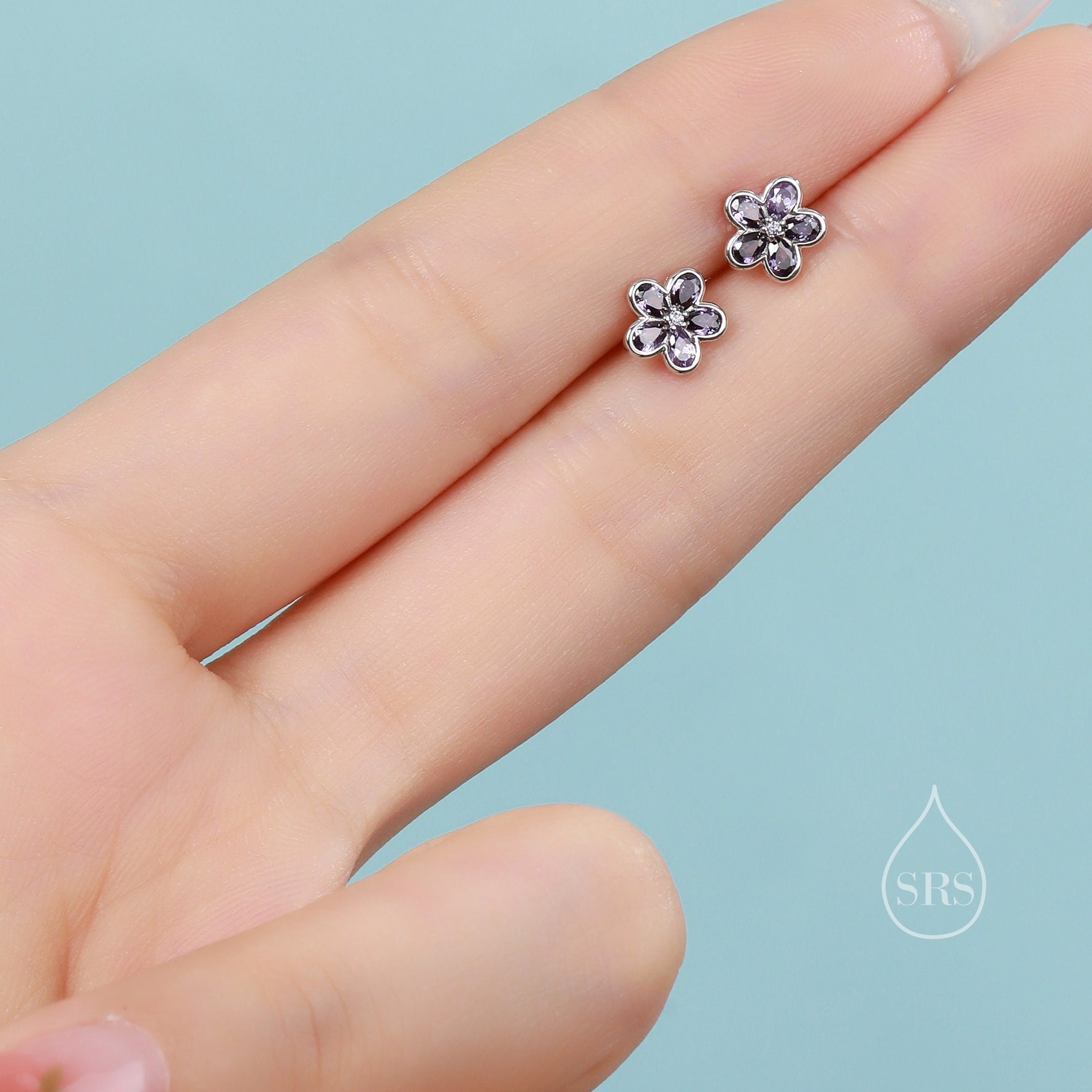 Amethyst Purple Flower CZ Stud Earrings in Sterling Silver, Forget Me Not Floral CZ Earrings, Silver or Gold, Flower CZ Earrings