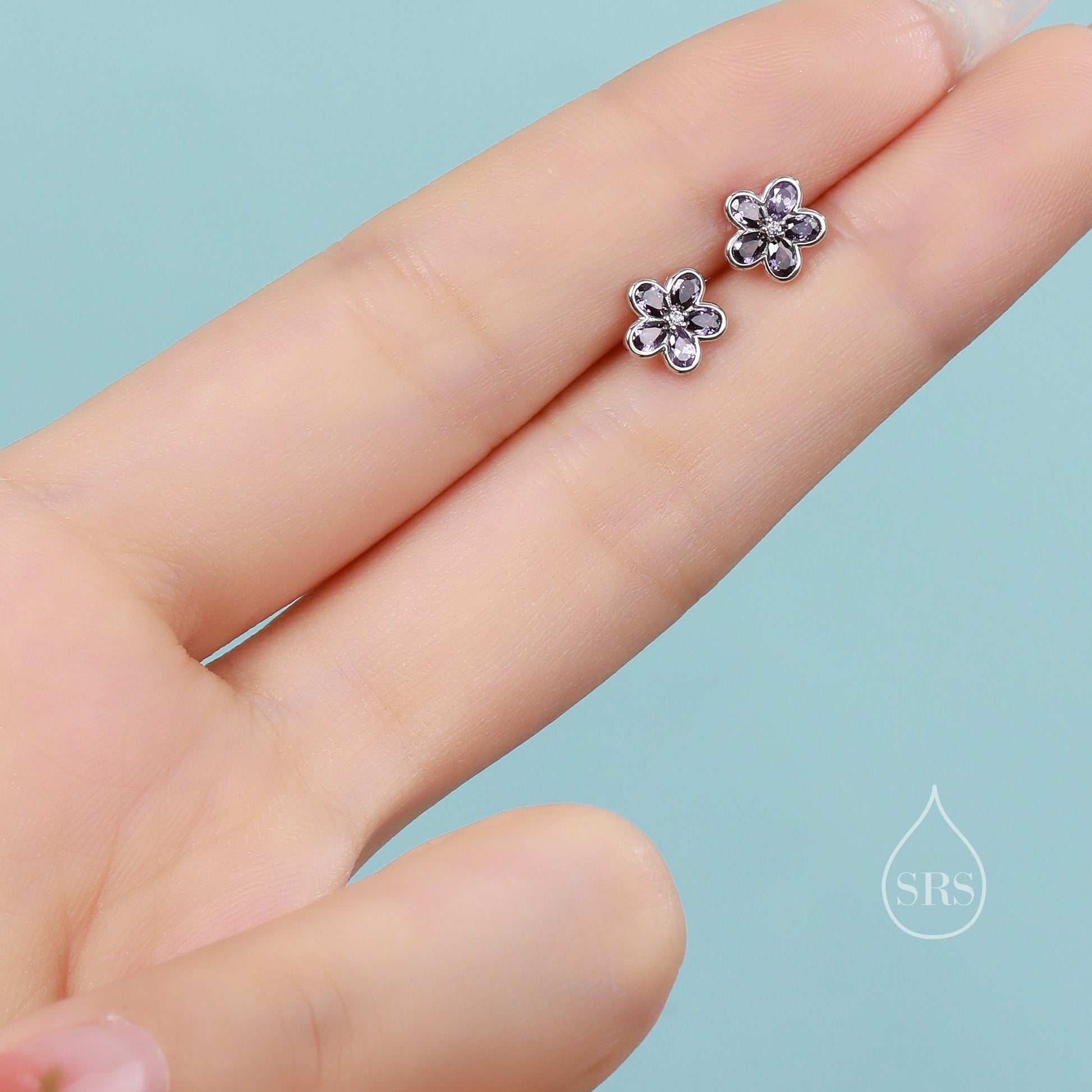 Amethyst Purple Flower CZ Stud Earrings in Sterling Silver, Forget Me Not Floral CZ Earrings, Silver or Gold, Flower CZ Earrings