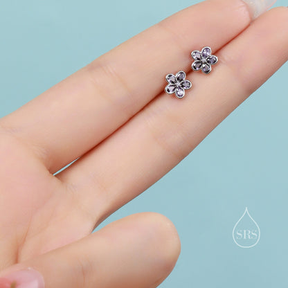 Amethyst Purple Flower CZ Stud Earrings in Sterling Silver, Forget Me Not Floral CZ Earrings, Silver or Gold, Flower CZ Earrings