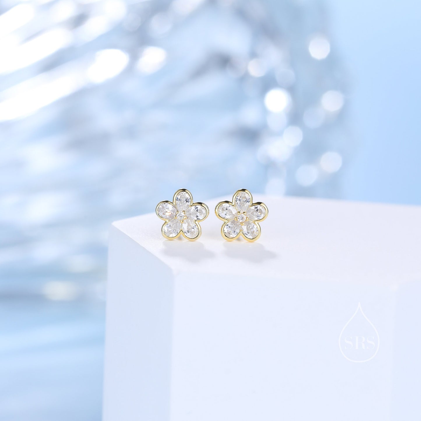 Tiny Flower CZ Stud Earrings in Sterling Silver, Forget Me Not Floral CZ Earrings, Silver or Gold, Flower CZ Earrings, Pear