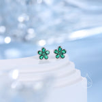 Emerald Green Flower CZ Stud Earrings in Sterling Silver, Forget Me Not Floral CZ Earrings, Silver or Gold, Flower CZ Earrings