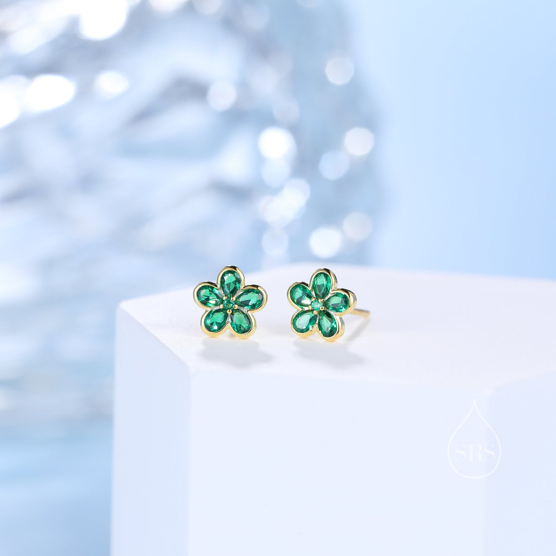 Emerald Green Flower CZ Stud Earrings in Sterling Silver, Forget Me Not Floral CZ Earrings, Silver or Gold, Flower CZ Earrings