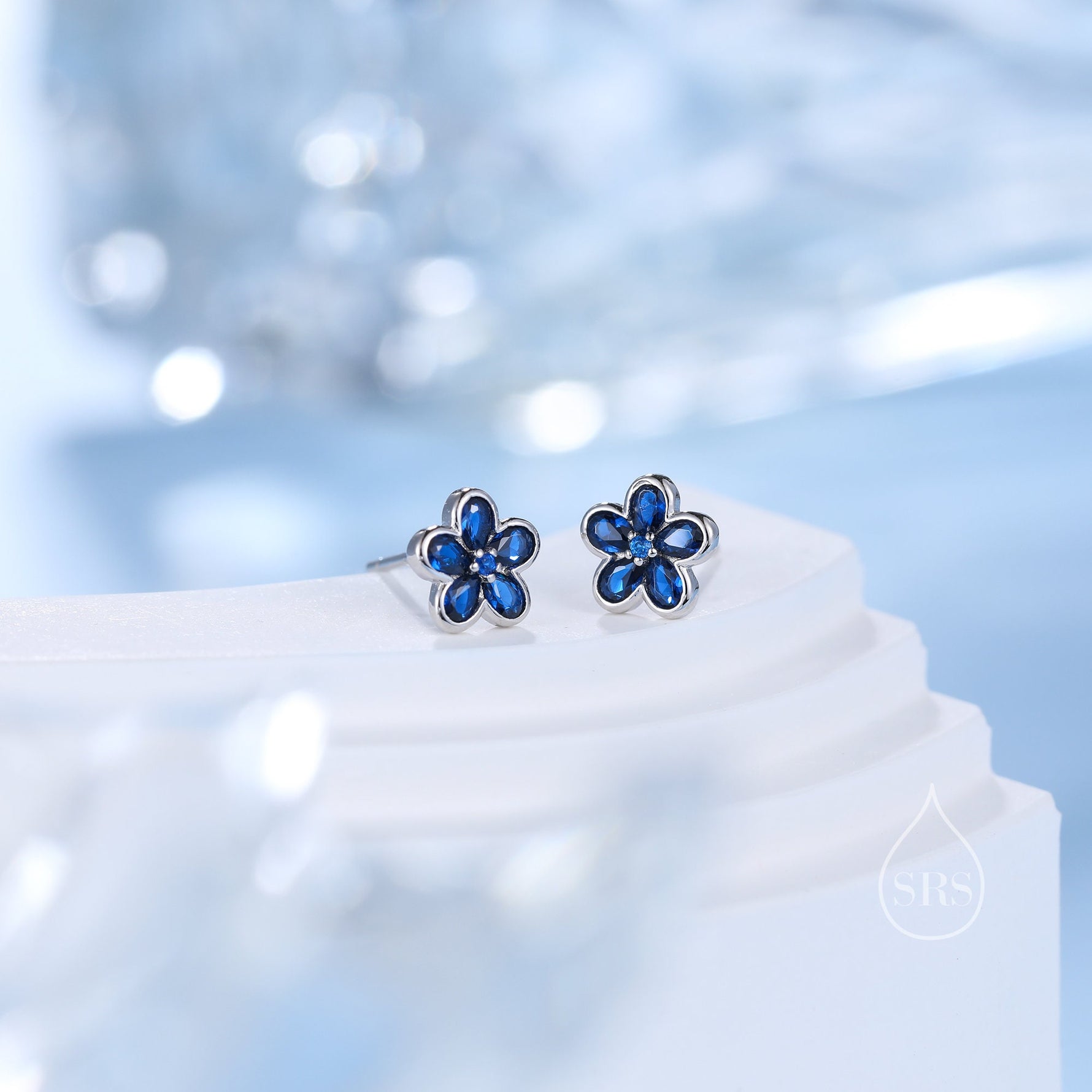 Flower CZ Stud Earrings in Sterling Silver, Forget Me Not Floral CZ Earrings, Silver or Gold, Flower CZ Earrings