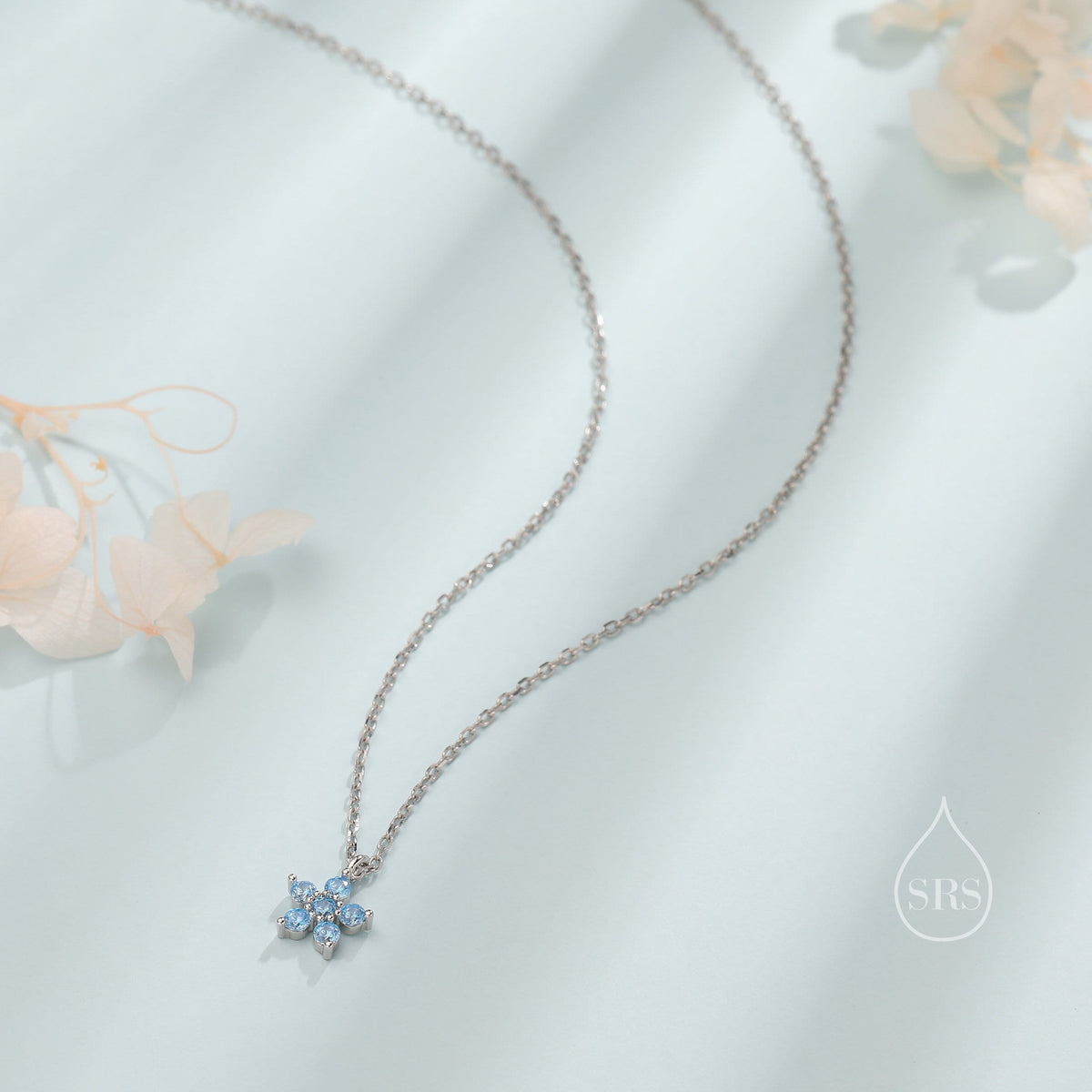 Tiny Forget Me Not Flower CZ Necklace in Sterling Silver, Silver or Gold, Various Colours, Tiny CZ Flower Pendant
