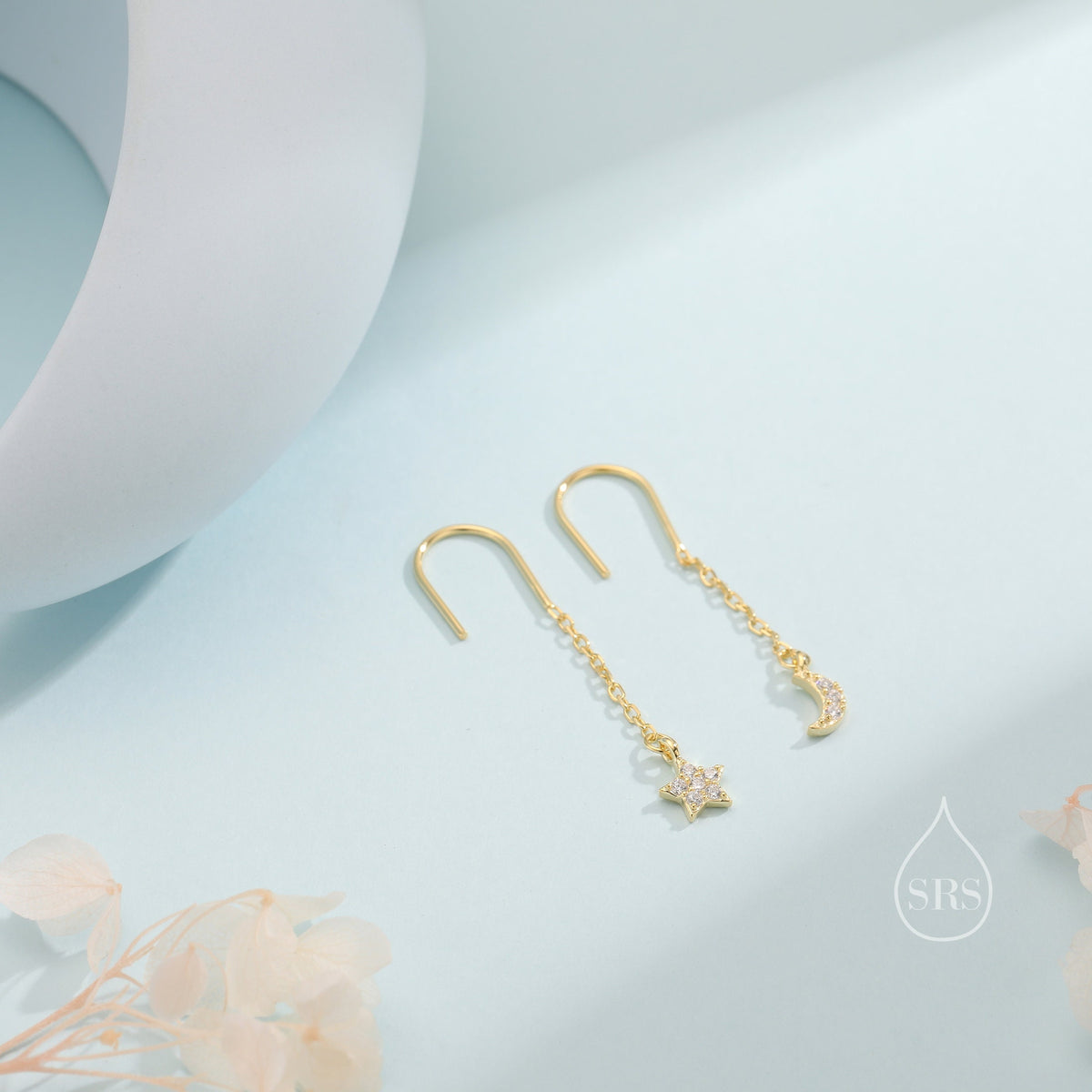 Asymmetric Star and Moon CZ Drop Earrings in Sterling Silver, Delicate Star and Moon Threader Earrings, Dainty Open Star Dangle Earrings