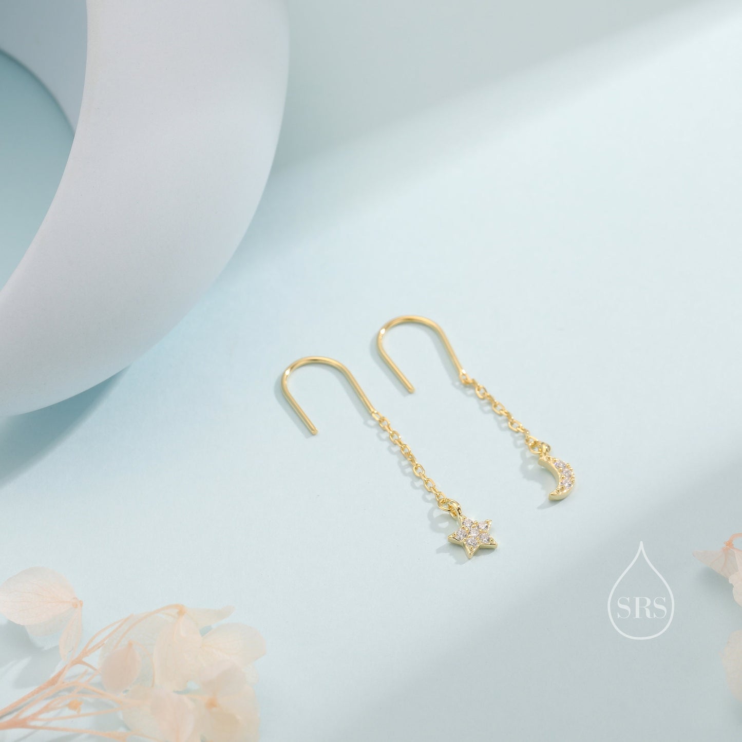 Asymmetric Star and Moon CZ Drop Earrings in Sterling Silver, Delicate Star and Moon Threader Earrings, Dainty Open Star Dangle Earrings