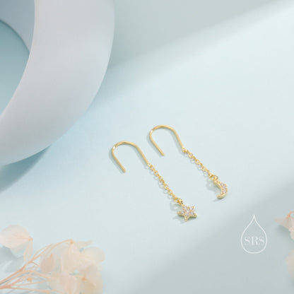 Asymmetric Star and Moon CZ Drop Earrings in Sterling Silver, Delicate Star and Moon Threader Earrings, Dainty Open Star Dangle Earrings