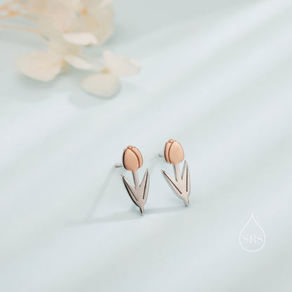 Tulip Flower Stud Earrings in Sterling Silver, Two Tone Finish, Flower Earrings, Tulip Earrings