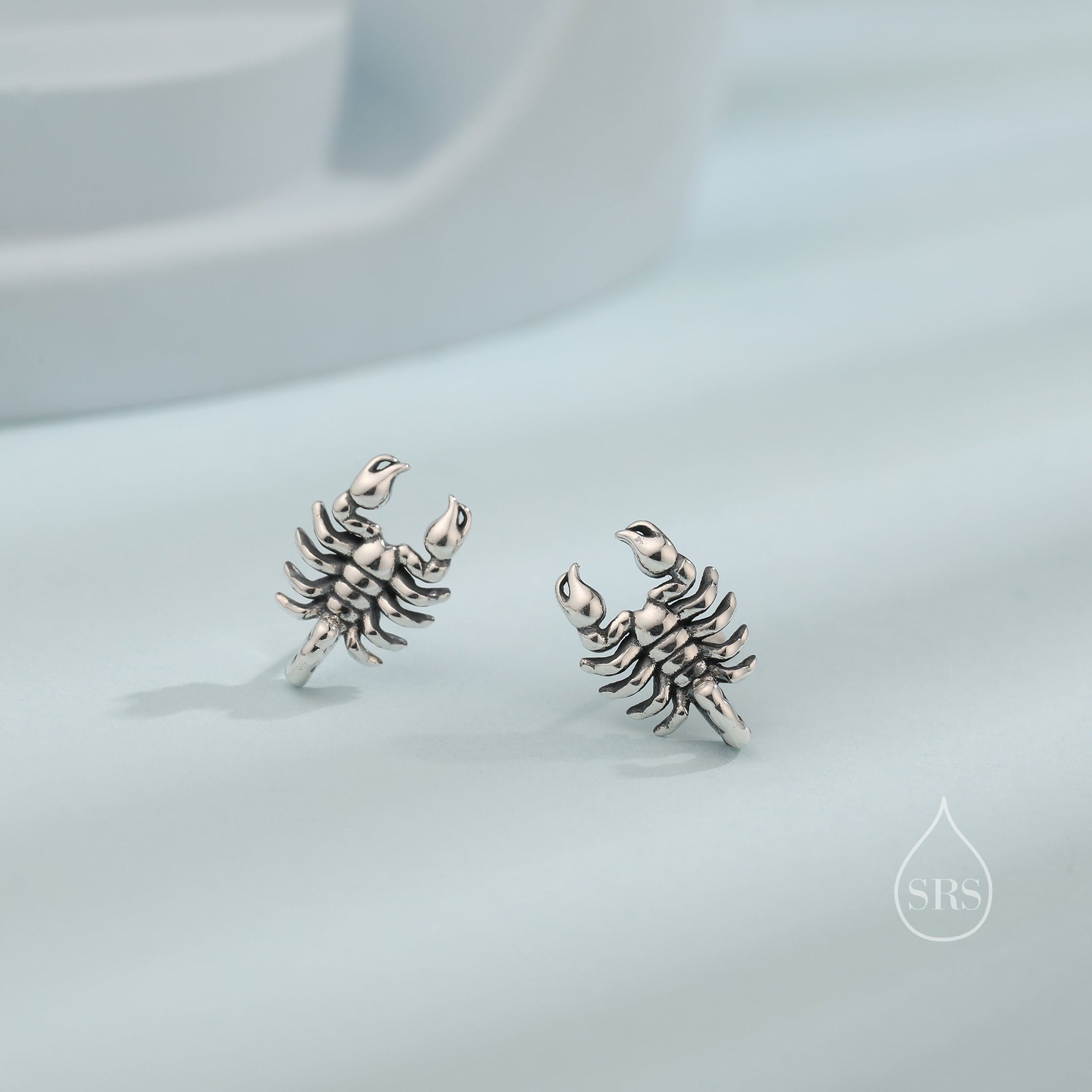 Tiny Scorpion Stud Earrings in Sterling Silver, Oxidised Finish, Scorpion Earrings
