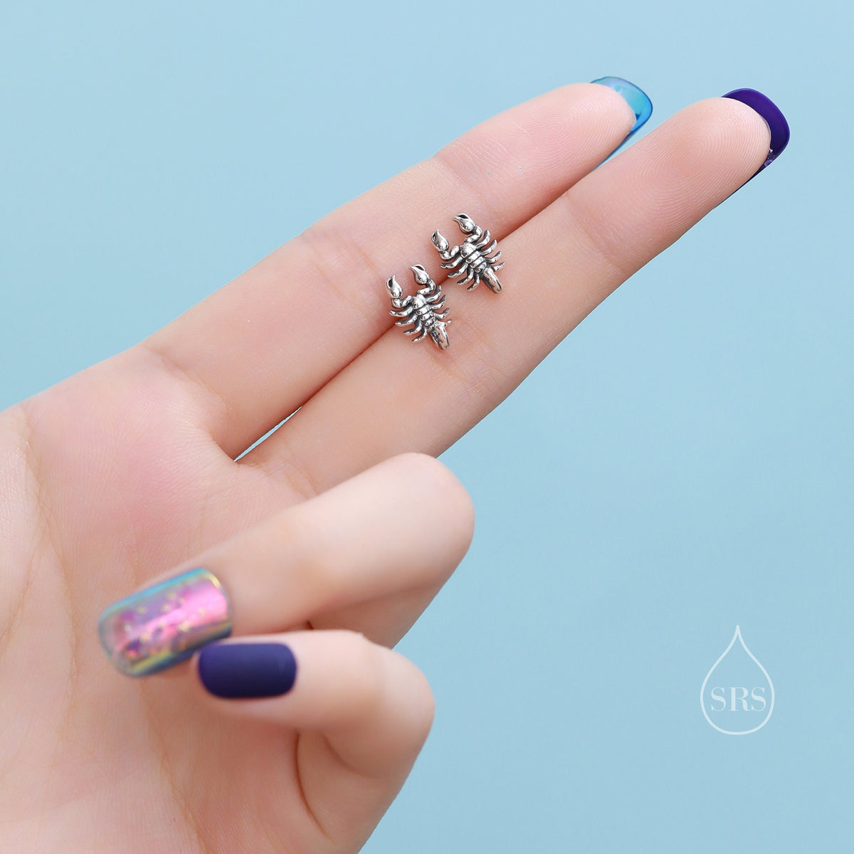Tiny Scorpion Stud Earrings in Sterling Silver, Oxidised Finish, Scorpion Earrings