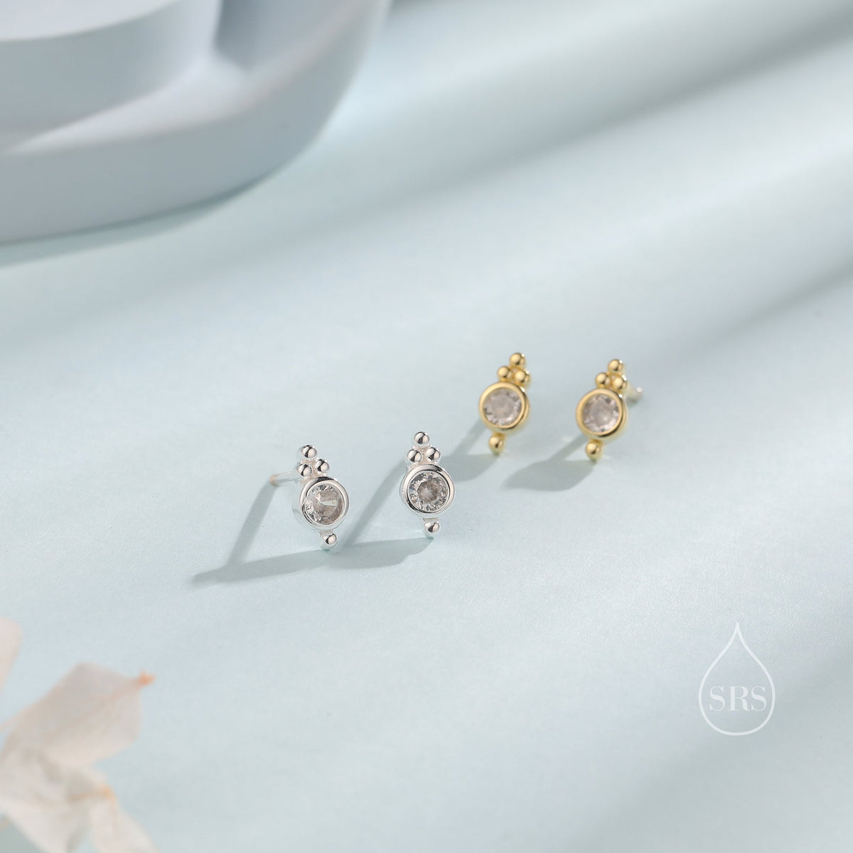 Extra Tiny CZ Crystal with Dot Trio Stud Earrings, Dot Earrings, Sparkly Earrings, Minimalist Extra Small earrings