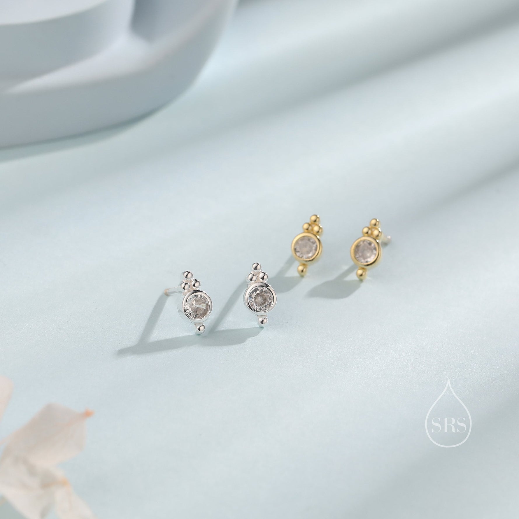 Extra Tiny CZ Crystal with Dot Trio Stud Earrings, Dot Earrings, Sparkly Earrings, Minimalist Extra Small earrings