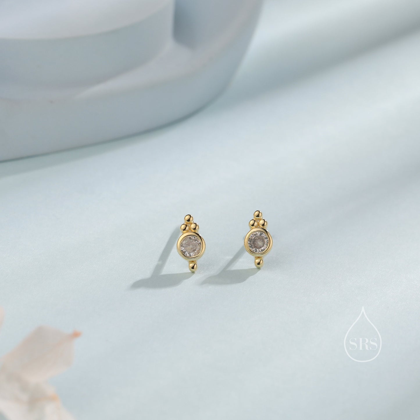 Tiny CZ Crystal with Dot Trio Internally Threaded Flat Back /Screw Back Earrings, Dot Earrings, Vintage Inspired Design