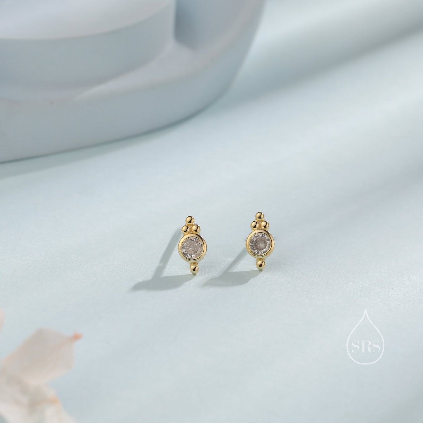 Tiny CZ Crystal with Dot Trio Screw Back / Internally Threaded Flat Back Earrings, Dot Earrings, Vintage Inspired Design