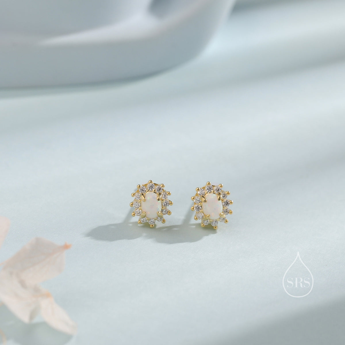 Opal CZ Oval Halo Stud Earrings in Sterling Silver, Silver or Gold, Lab Opal and CZ Earrings, Opal Earrings