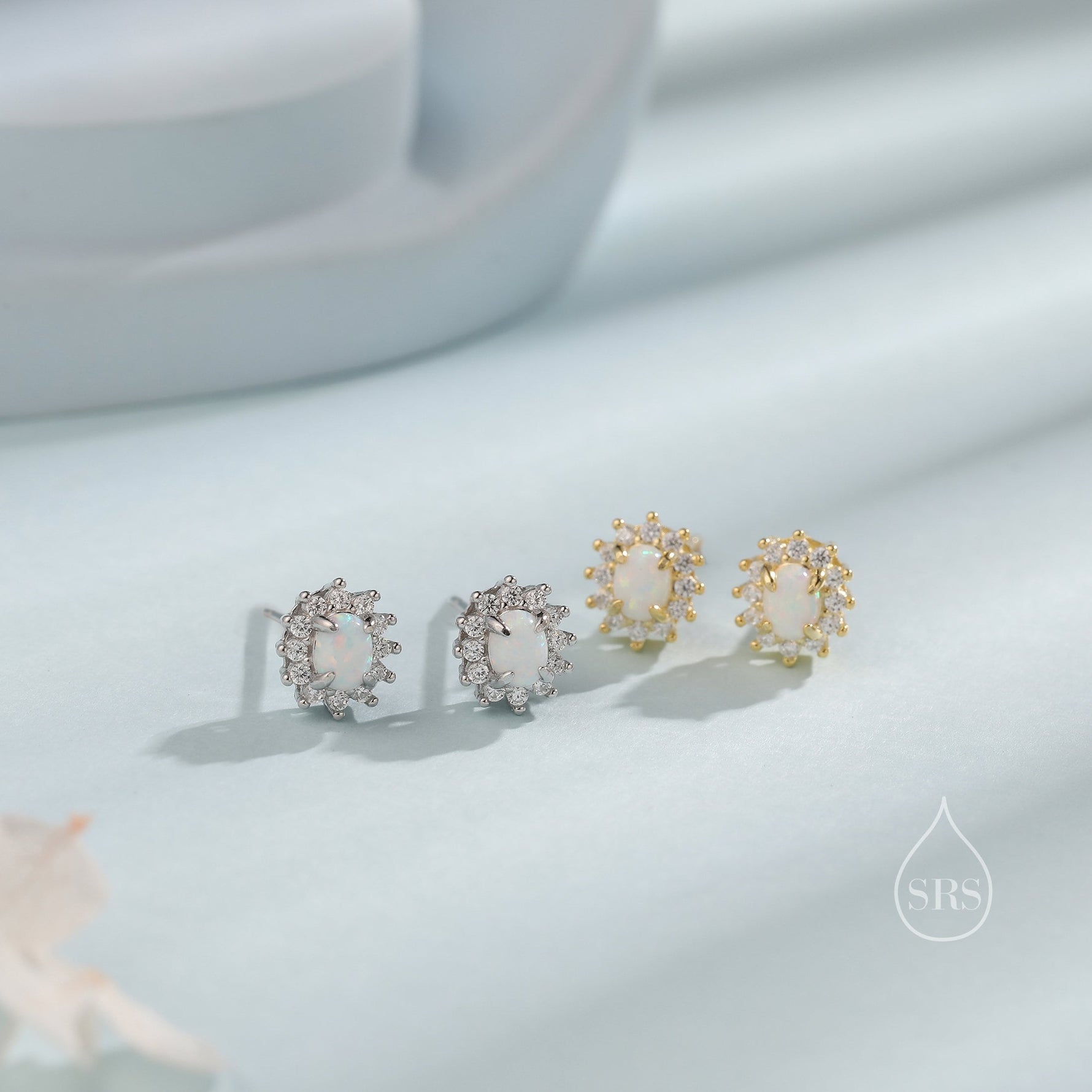 Opal CZ Oval Halo Stud Earrings in Sterling Silver, Silver or Gold, Lab Opal and CZ Earrings, Opal Earrings