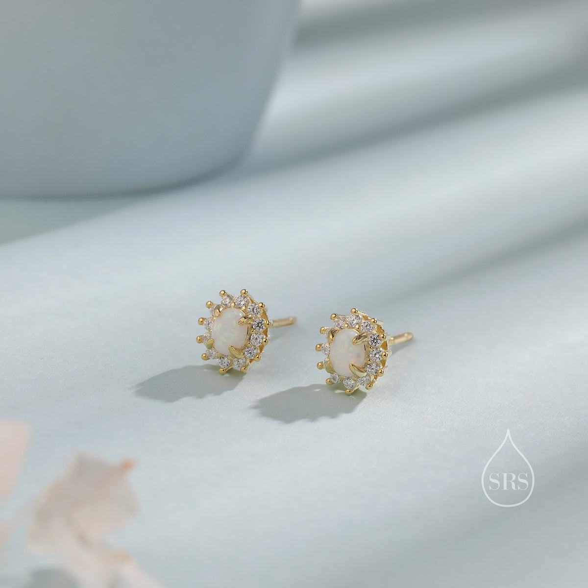 Opal CZ Oval Halo Stud Earrings in Sterling Silver, Silver or Gold, Lab Opal and CZ Earrings, Opal Earrings