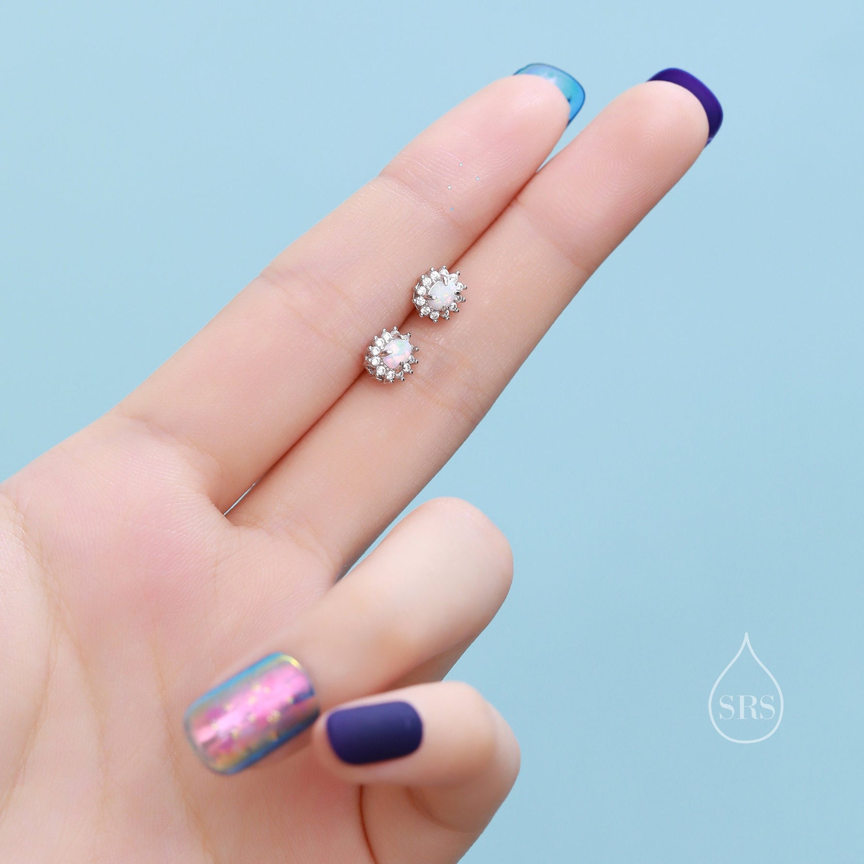 Opal CZ Oval Halo Stud Earrings in Sterling Silver, Silver or Gold, Lab Opal and CZ Earrings, Opal Earrings