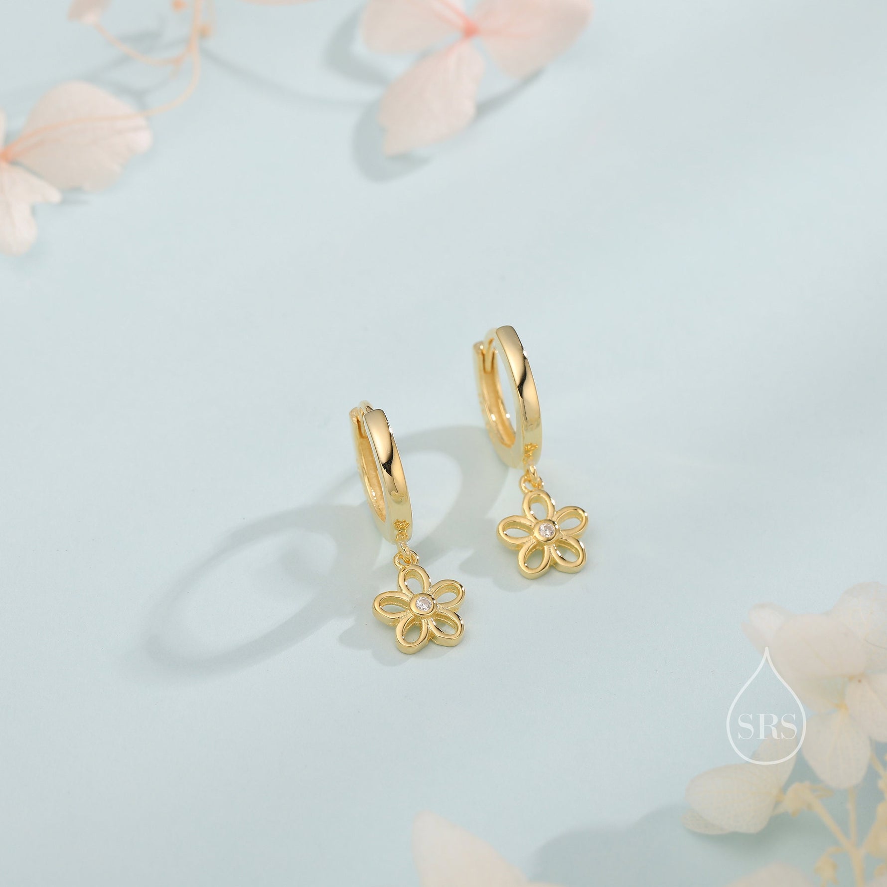Forget Me Not Flower Huggie Hoop Earrings in Sterling Silver, Silver, Gold or Rose Gold, Tiny Flower Hoops