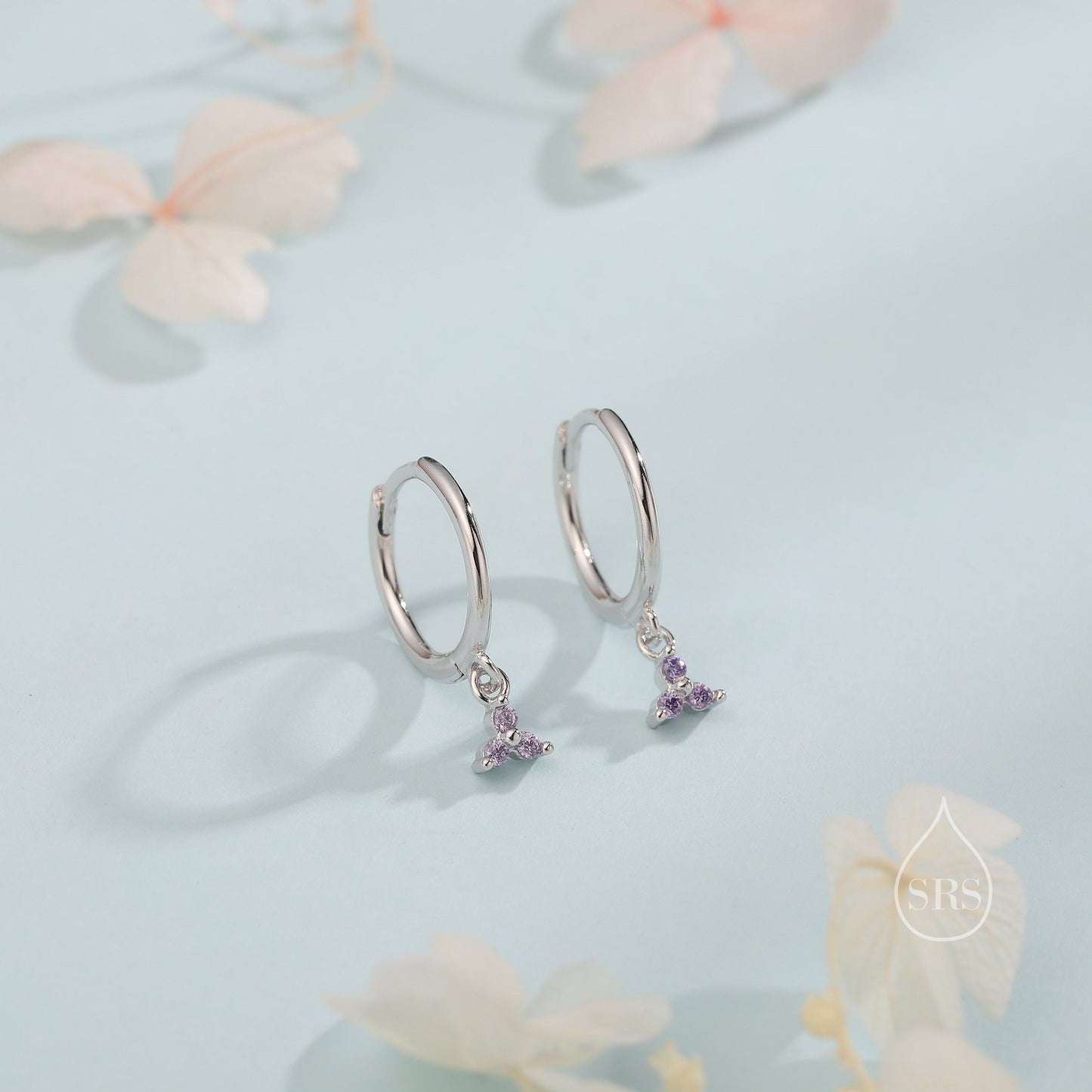 Extra Tiny Three CZ Huggie Hoop Earrings in Sterling Silver, Silver or Gold, 6 Colour Options, Green, Blue, Pink, Purple or Clear CZ