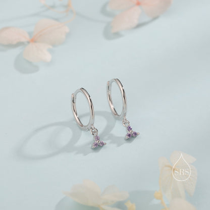 Extra Tiny Three CZ Huggie Hoop Earrings in Sterling Silver, Silver or Gold, 6 Colour Options, Green, Blue, Pink, Purple or Clear CZ