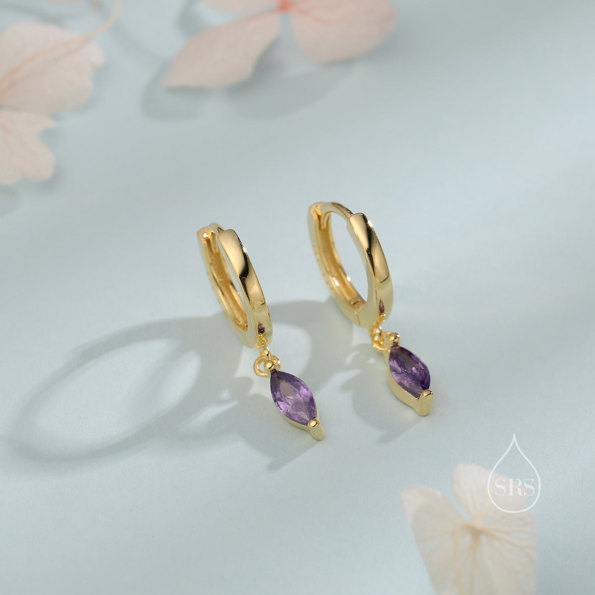 Extra Tiny Marquise CZ Huggie Hoop Earrings in Sterling Silver, Silver or Gold, 6 Colour Options, Green, Blue, Pink, Purple or Clear CZ
