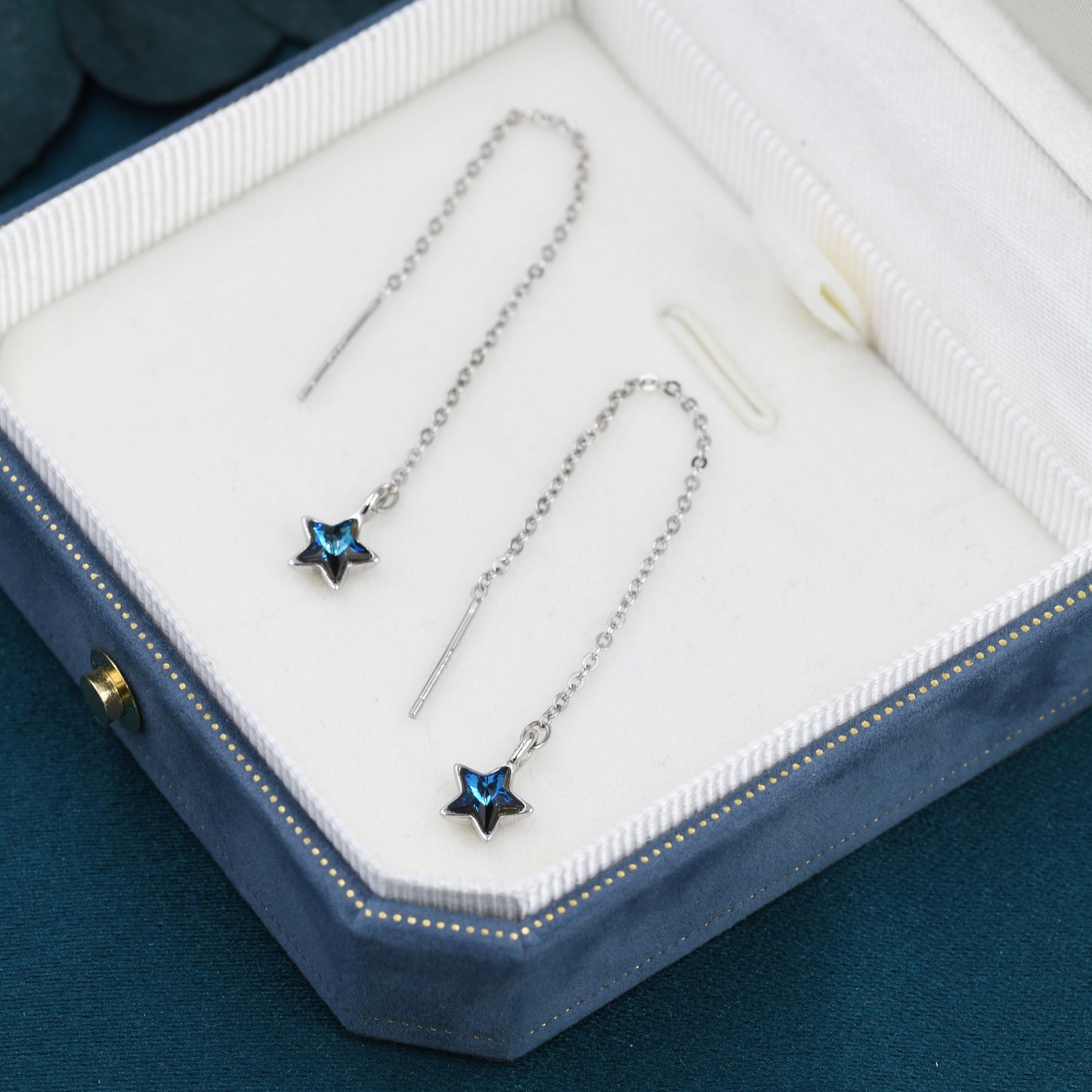 Tiny CZ Star Threader Earrings in Sterling Silver, Tiny Blue Star Drop Earrings, Solid Silver Small Crystal Star Ear Threaders