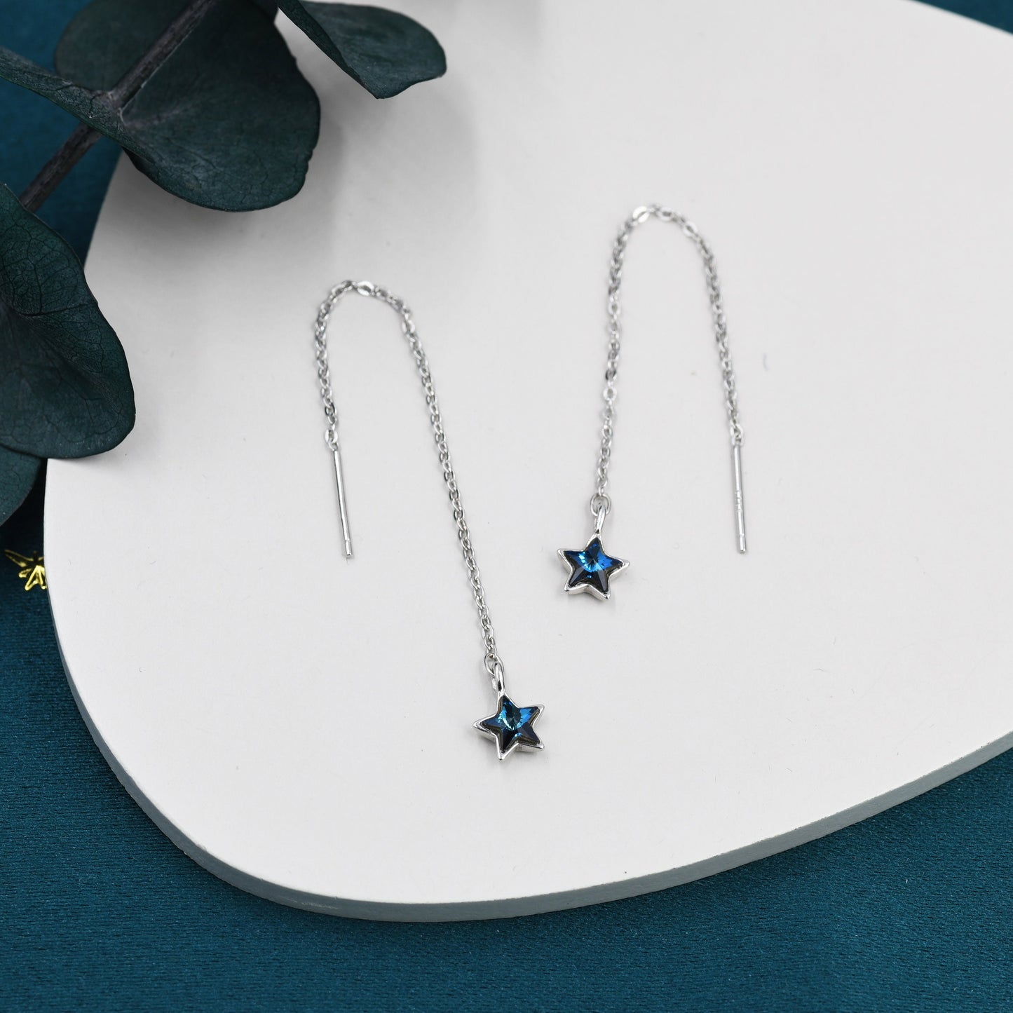 Tiny CZ Star Threader Earrings in Sterling Silver, Tiny Blue Star Drop Earrings, Solid Silver Small Crystal Star Ear Threaders