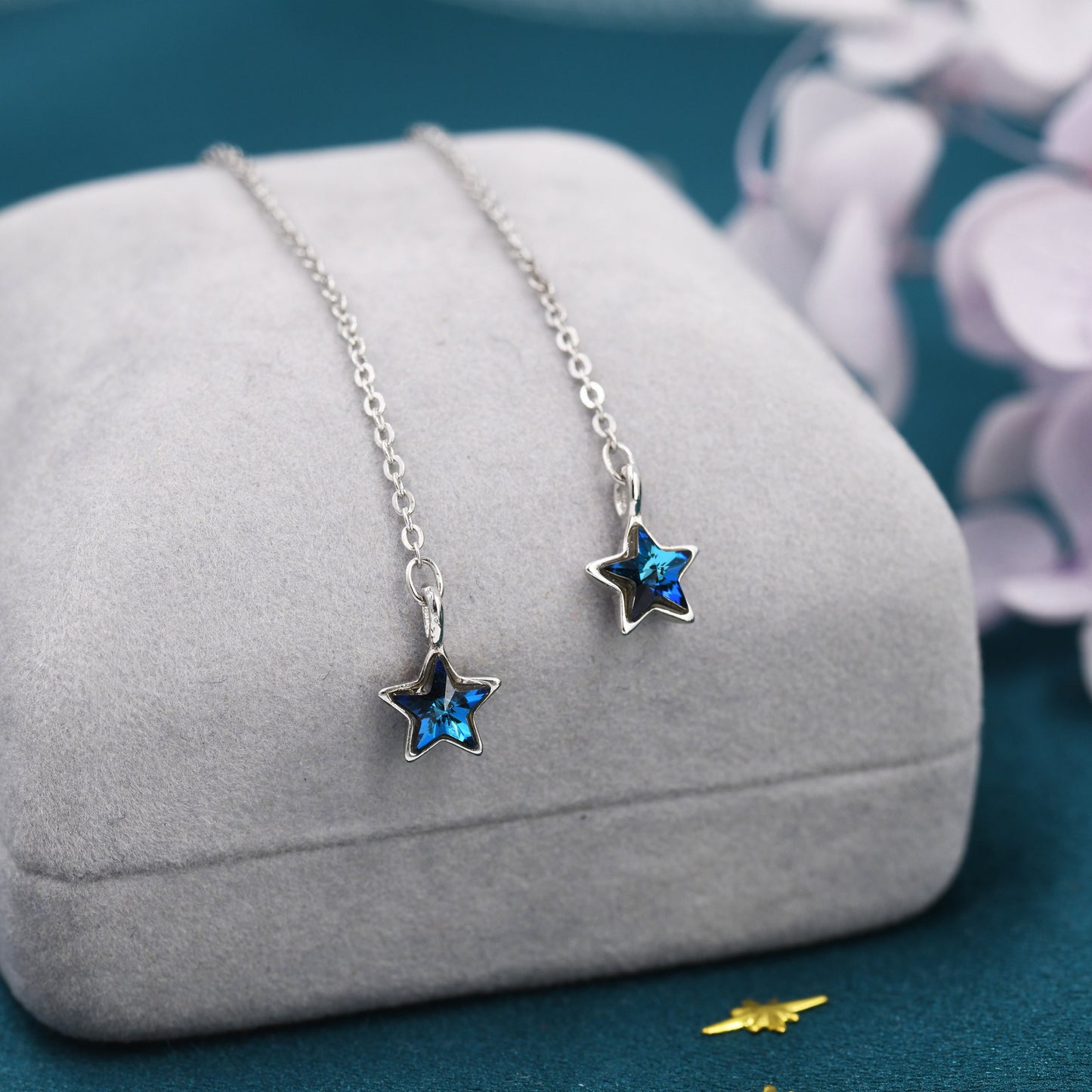 Tiny CZ Star Threader Earrings in Sterling Silver, Tiny Blue Star Drop Earrings, Solid Silver Small Crystal Star Ear Threaders