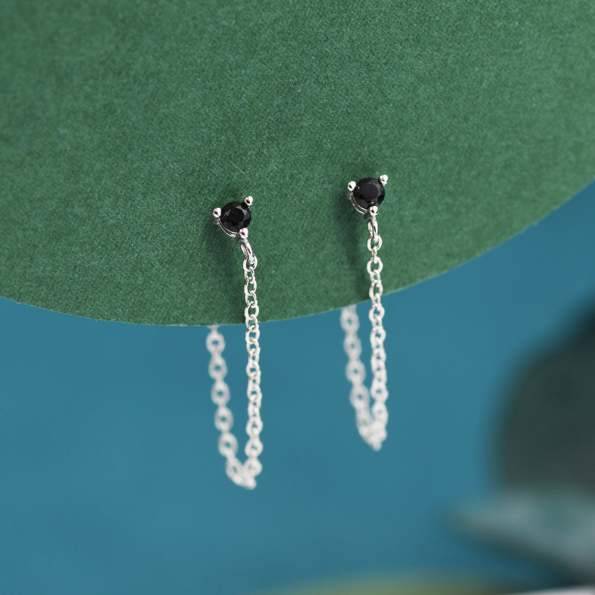 Black CZ and Chain Ear Jacket in Sterling Silver, Silver or Gold, Front and Back Earrings, Two Part Earrings, CZ with Linking Chain Earring