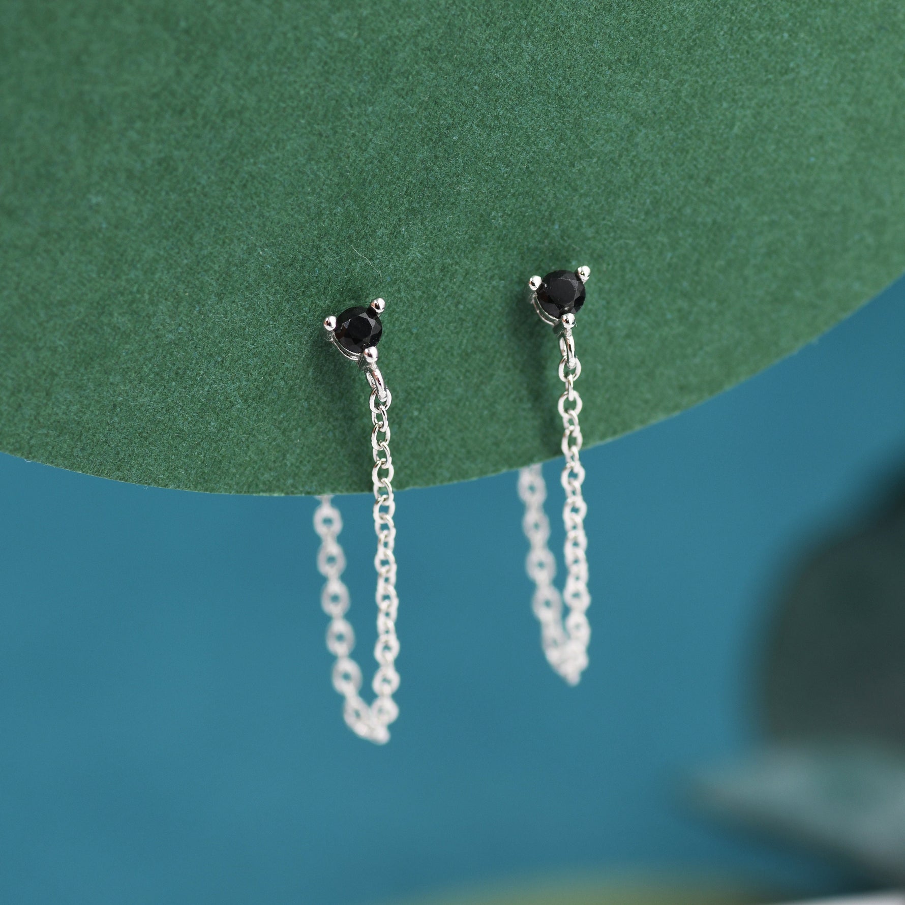 Black CZ and Chain Ear Jacket in Sterling Silver, Silver or Gold, Front and Back Earrings, Two Part Earrings, CZ with Linking Chain Earring