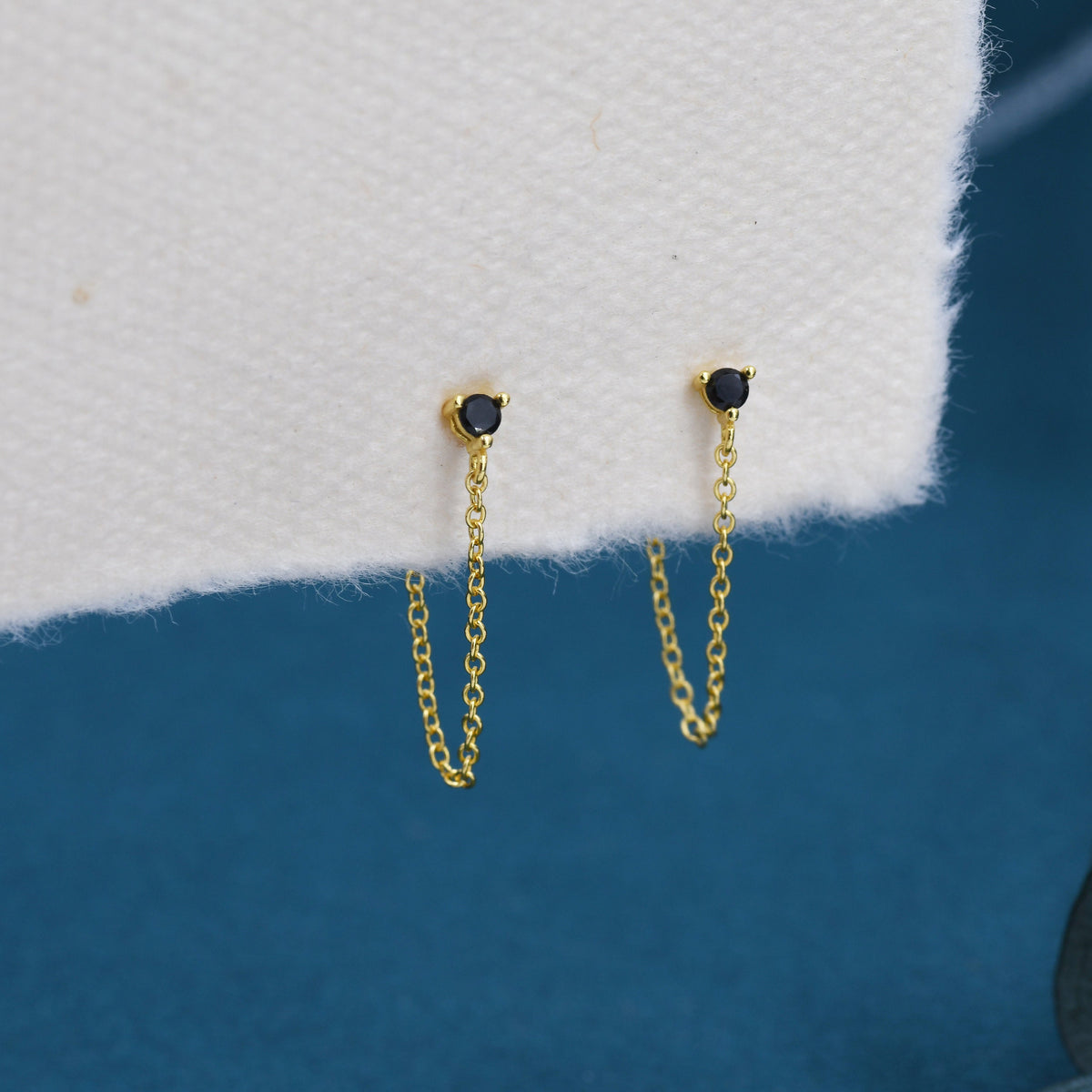 Black CZ and Chain Ear Jacket in Sterling Silver, Silver or Gold, Front and Back Earrings, Two Part Earrings, CZ with Linking Chain Earring