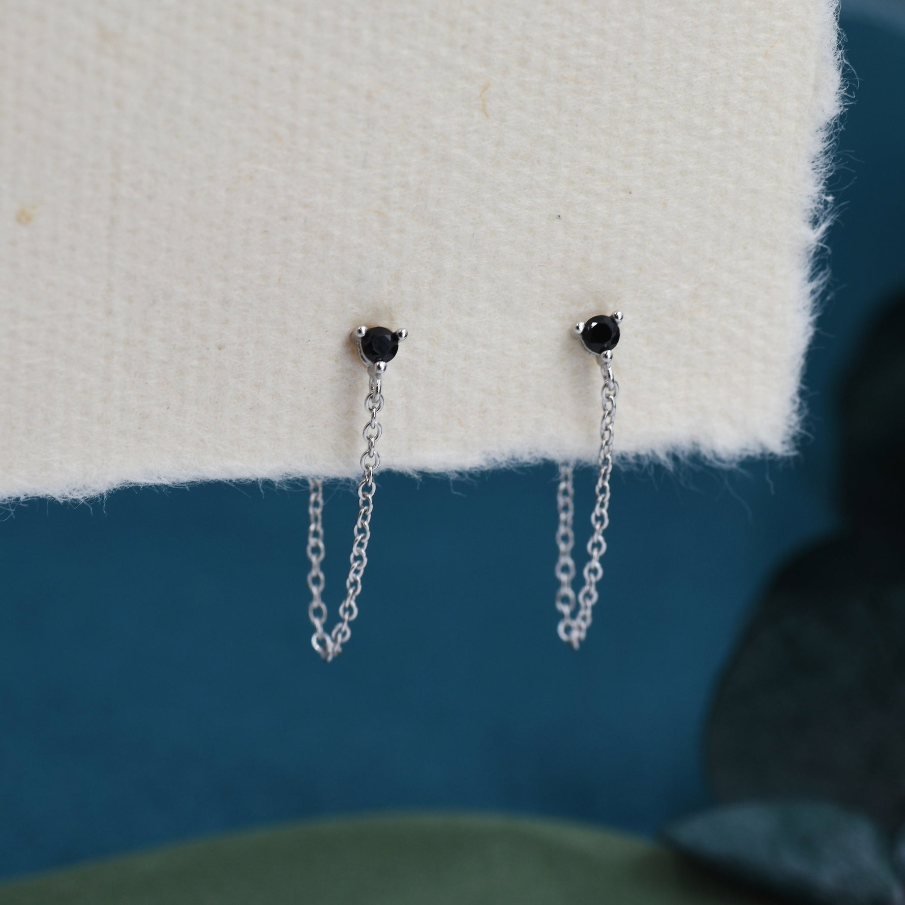 Black CZ and Chain Ear Jacket in Sterling Silver, Silver or Gold, Front and Back Earrings, Two Part Earrings, CZ with Linking Chain Earring