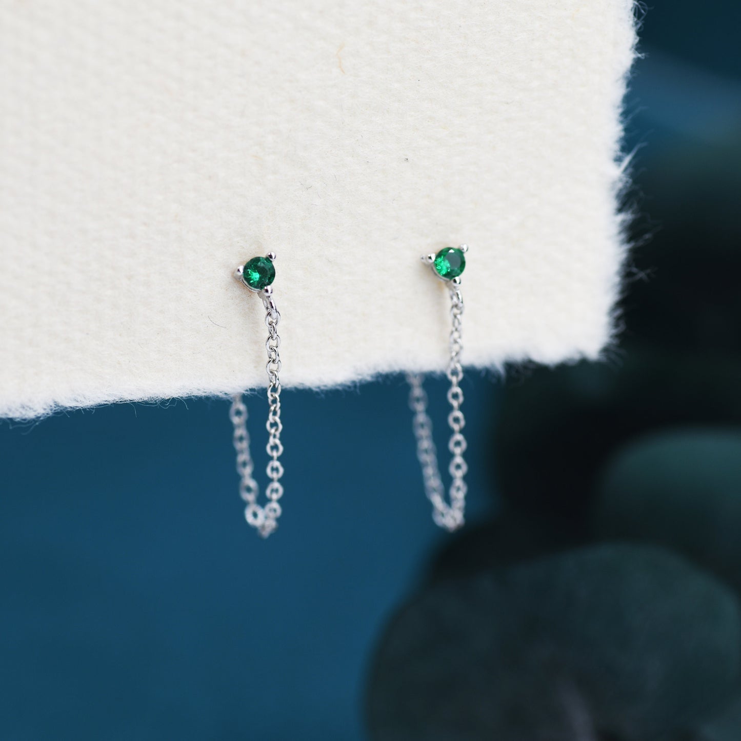 Emerald Green CZ and Chain Ear Jacket in Sterling Silver,  Silver or Gold, Front and Back Earrings, Two Part Earrings, CZ with Linking Chain