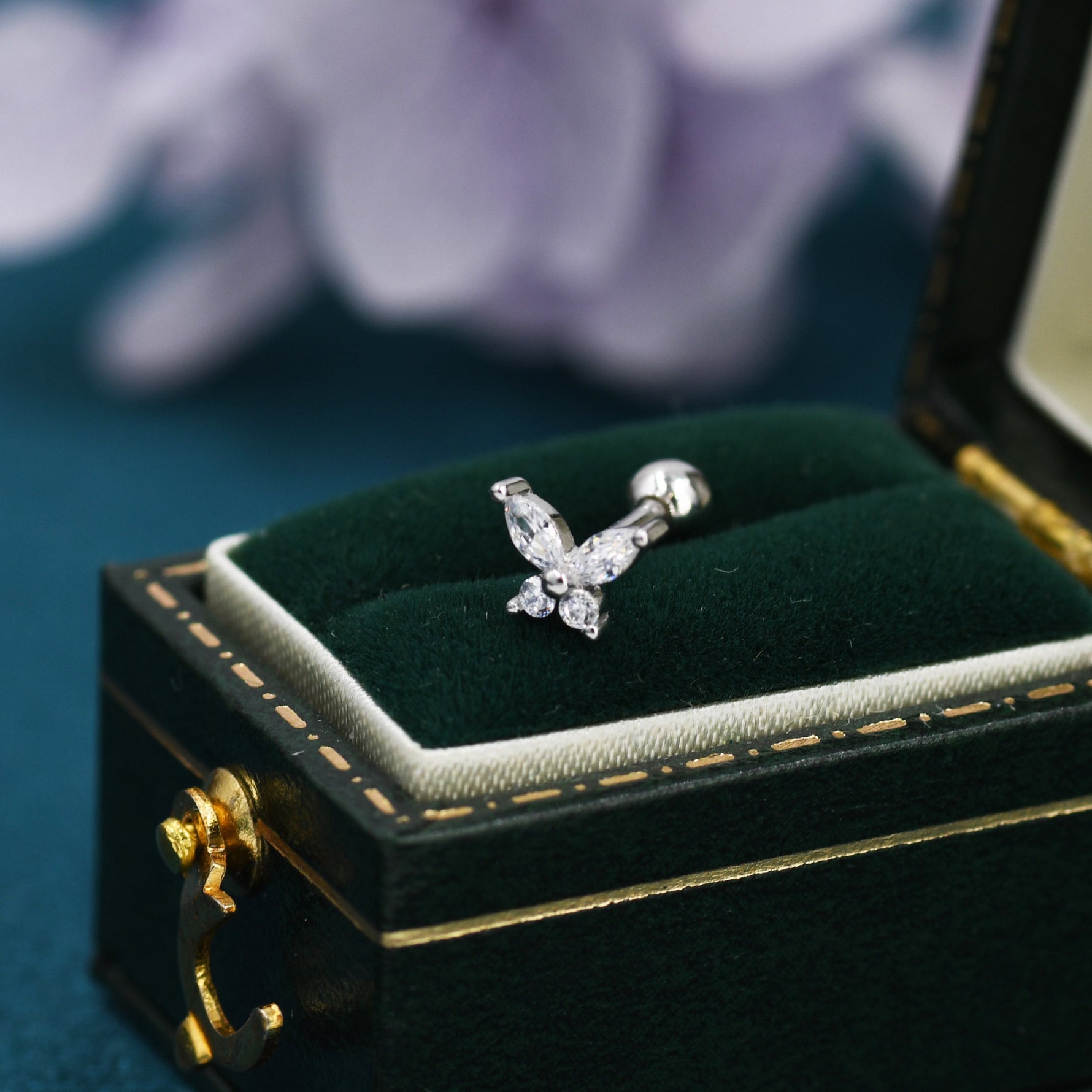 CZ Butterfly 18G Screw Back Earrings in Sterling Silver