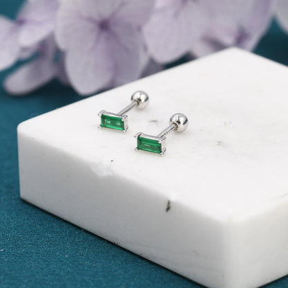 Tiny Emerald Green Baguette CZ Screw Back Earrings in Sterling Silver, Silver or Gold, Stacking Earrings, Barbell Earrings, Helix Earrings