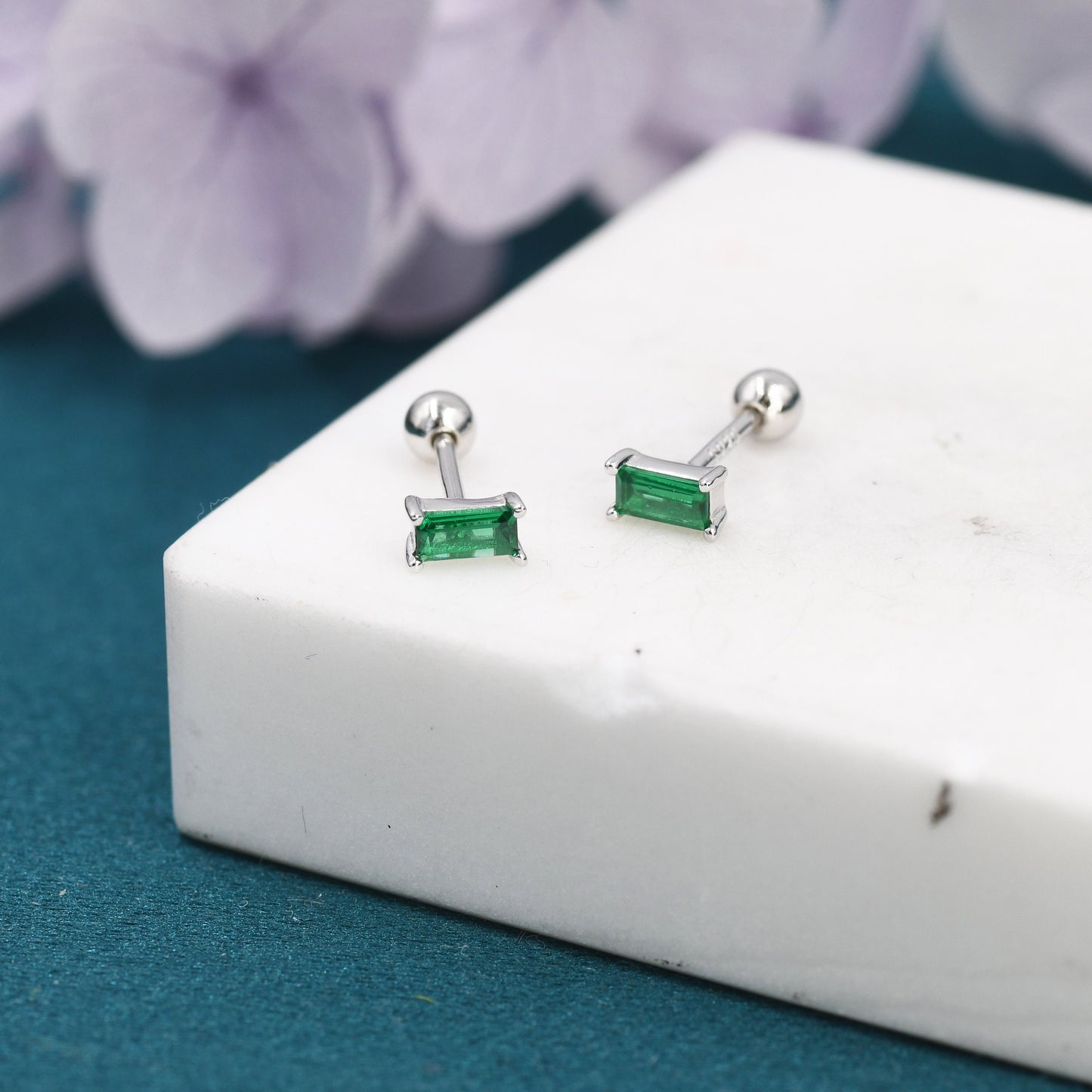 Tiny Emerald Green Baguette CZ Screw Back Earrings in Sterling Silver, Silver or Gold, Stacking Earrings, Barbell Earrings, Helix Earrings