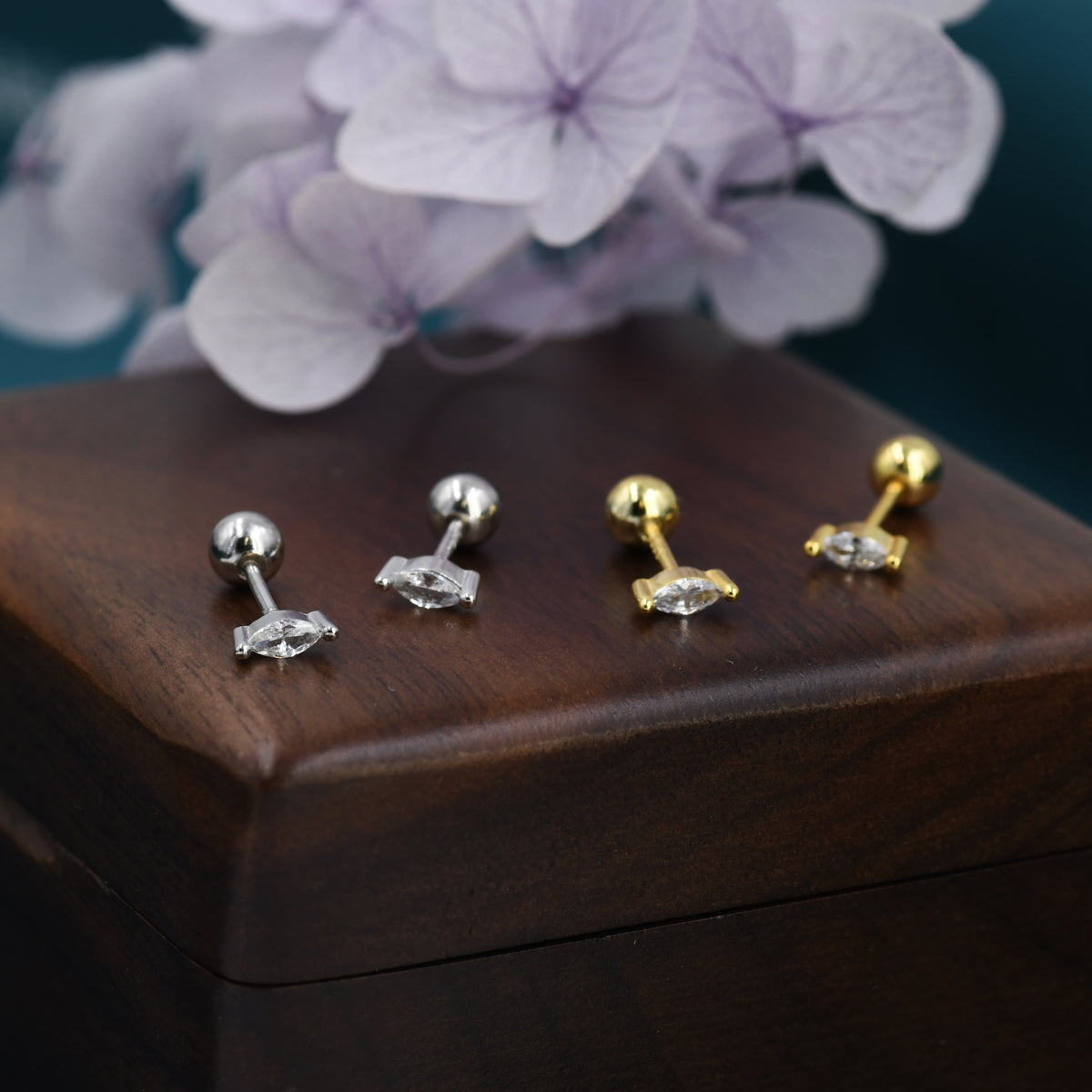 Tiny Marquise CZ Screw Back Earrings in Sterling Silver, Silver or Gold, Stacking Earrings, Barbell Earrings, Helix Earrings