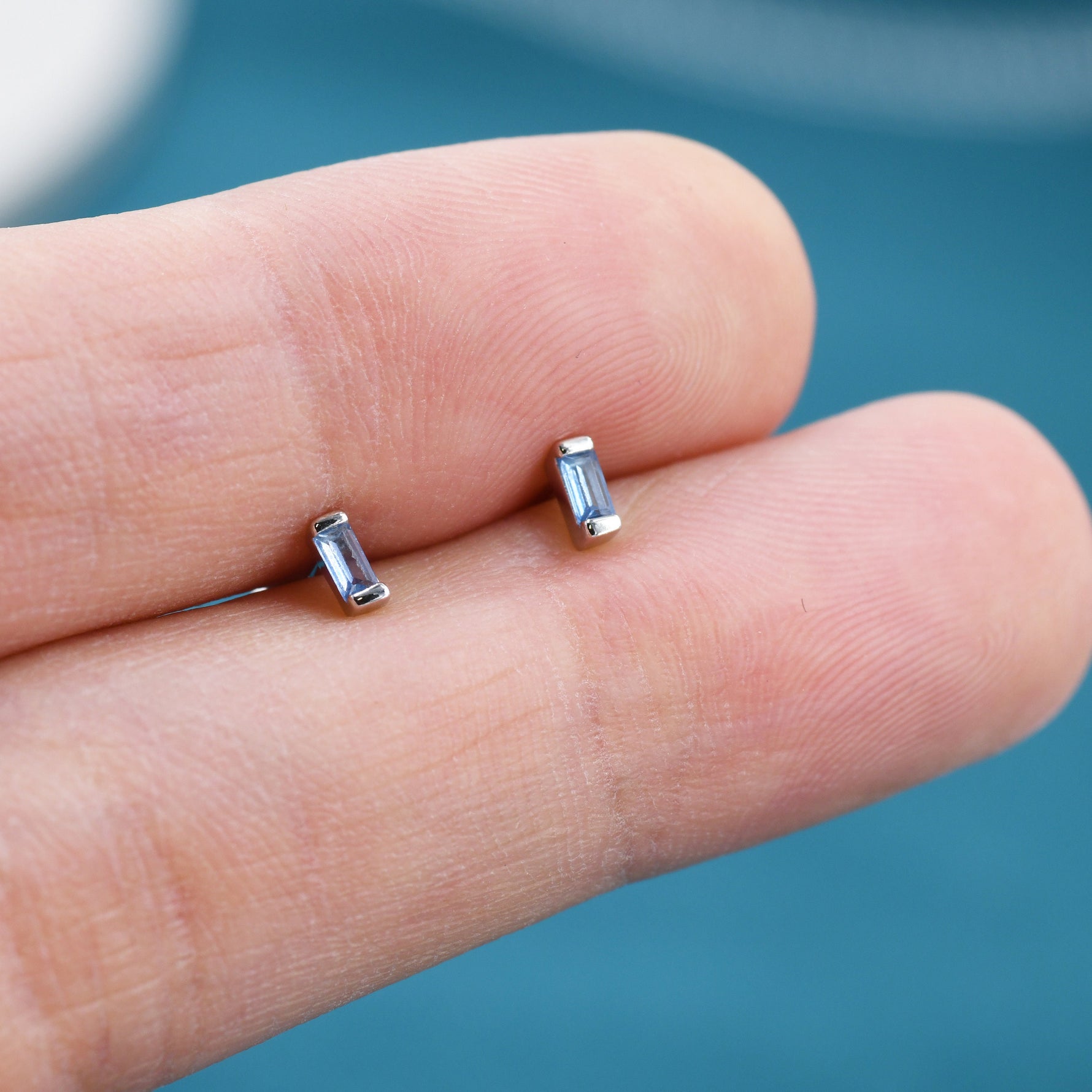 Extra Tiny Aquamarine Blue Baguette CZ Screw Back Earrings in Sterling Silver, Stacking Earrings, Barbell Earrings, Helix Earrings