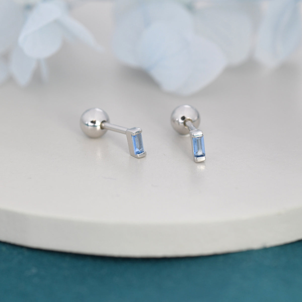 Extra Tiny Aquamarine Blue Baguette CZ Screw Back Earrings in Sterling Silver, Stacking Earrings, Barbell Earrings, Helix Earrings