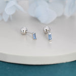 Extra Tiny Aquamarine Blue Baguette CZ Screw Back Earrings in Sterling Silver, Stacking Earrings, Barbell Earrings, Helix Earrings