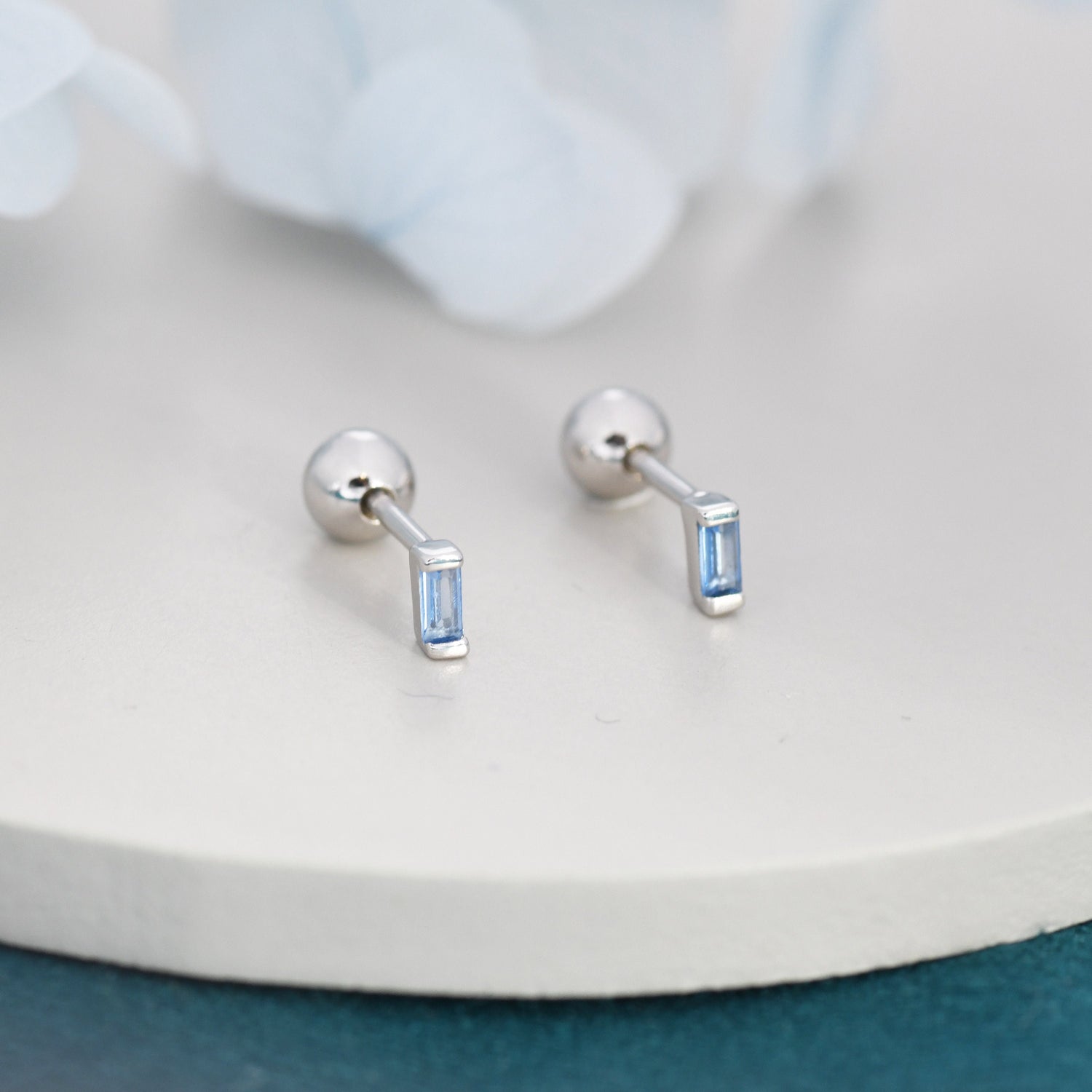 Extra Tiny Aquamarine Blue Baguette CZ Screw Back Earrings in Sterling Silver, Stacking Earrings, Barbell Earrings, Helix Earrings
