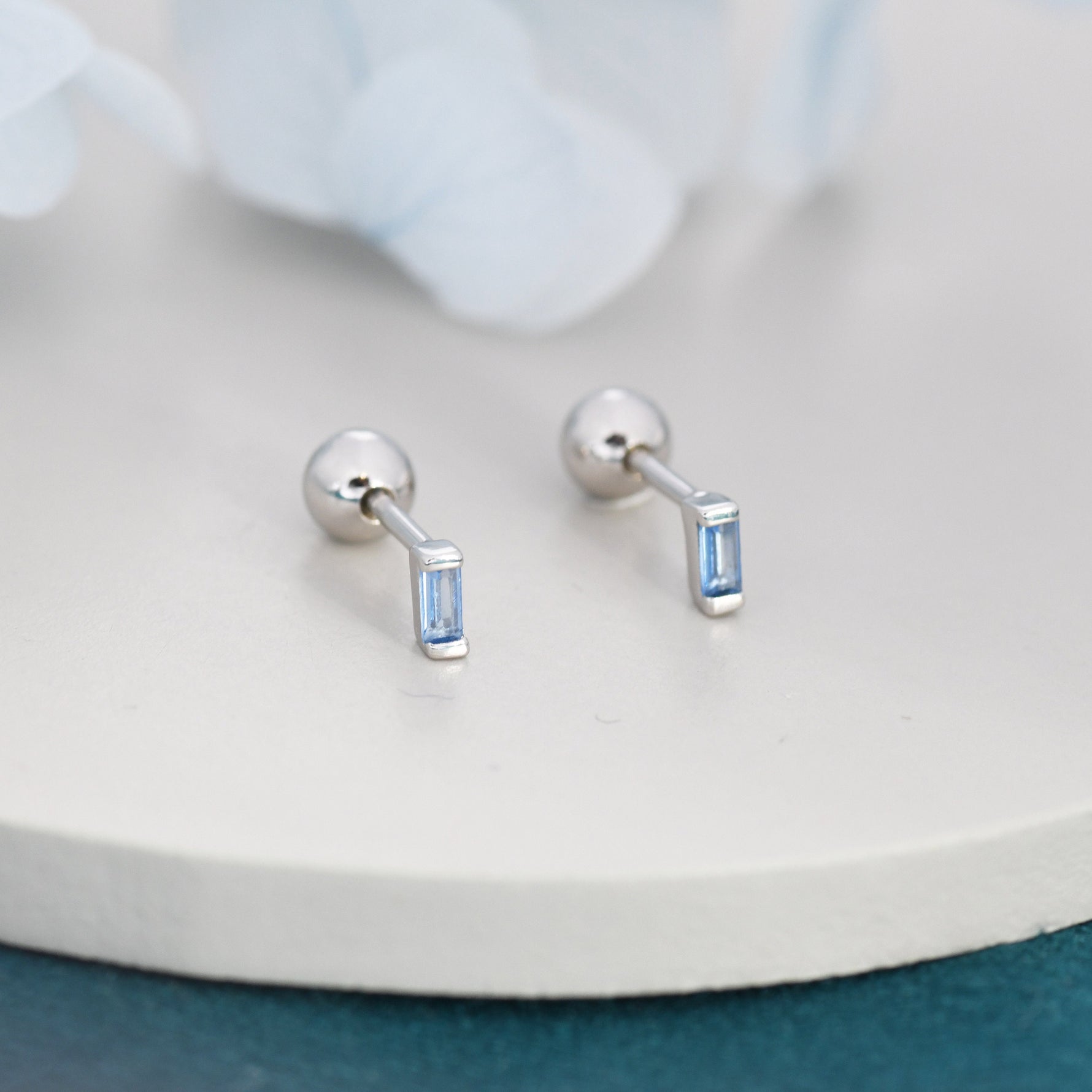 Extra Tiny Aquamarine Blue Baguette CZ Screw Back Earrings in Sterling Silver, Stacking Earrings, Barbell Earrings, Helix Earrings