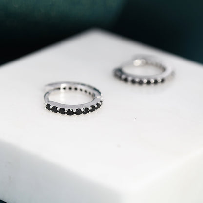 Minimalist Huggie Hoop Earrings in Sterling Silver with Black CZ Crystals, Tiny Snug Hoop Earrings, Black Diamond, Simple Hoop Earrings