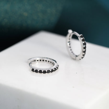 Minimalist Huggie Hoop Earrings in Sterling Silver with Black CZ Crystals, Tiny Snug Hoop Earrings, Black Diamond, Simple Hoop Earrings