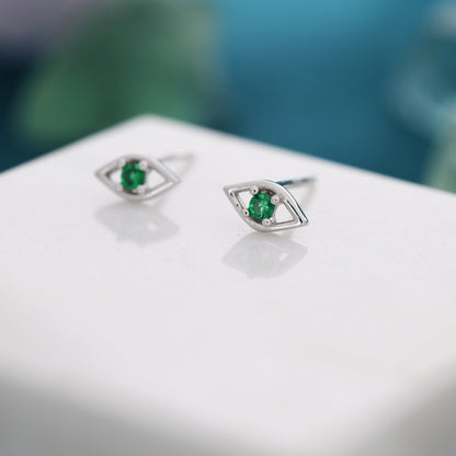 Tiny Evil Eye Stud Earrings in Sterling Silver, Green Eye Earrings, Stacking Earrings, Silver or Gold Finish