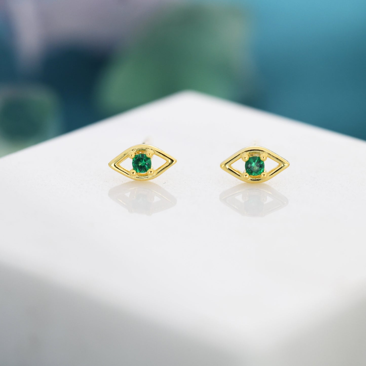 Tiny Evil Eye Stud Earrings in Sterling Silver, Green Eye Earrings, Stacking Earrings, Silver or Gold Finish