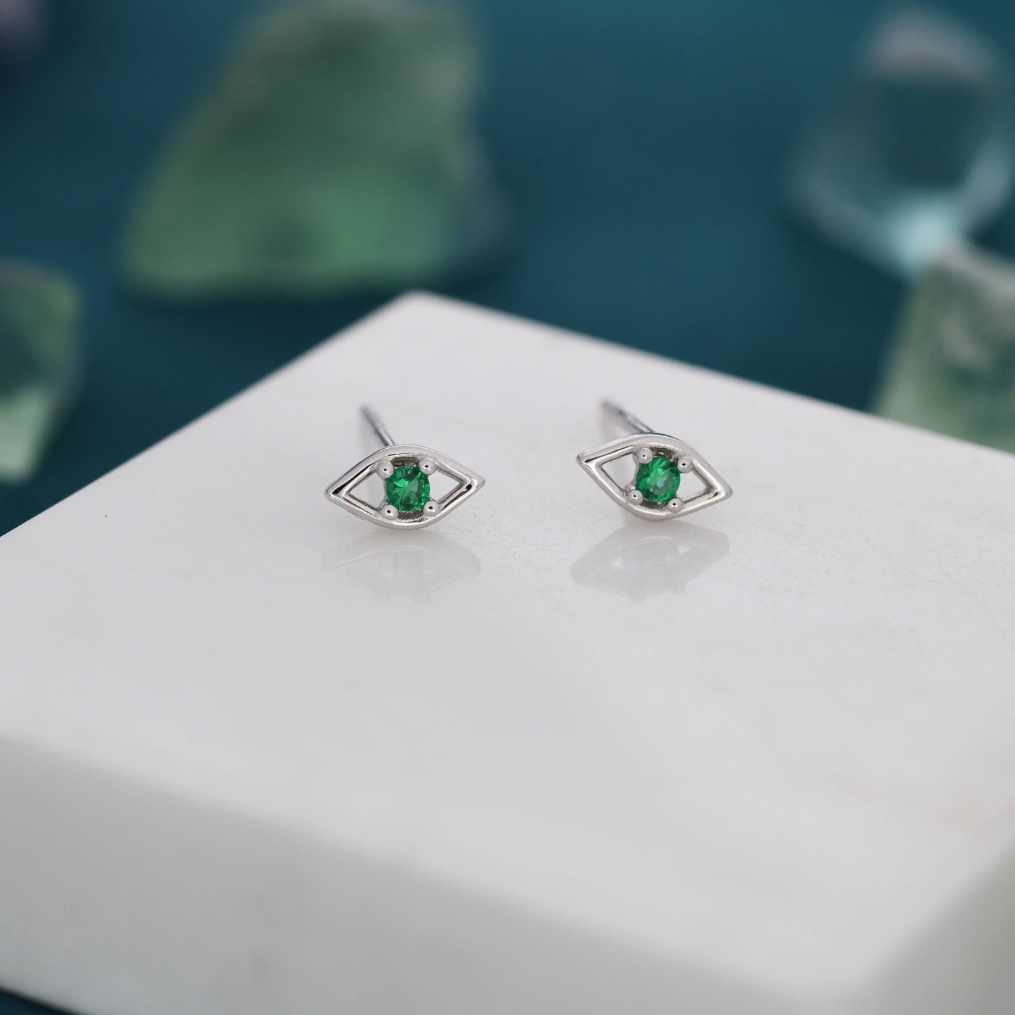 Tiny Evil Eye Stud Earrings in Sterling Silver, Green Eye Earrings, Stacking Earrings, Silver or Gold Finish