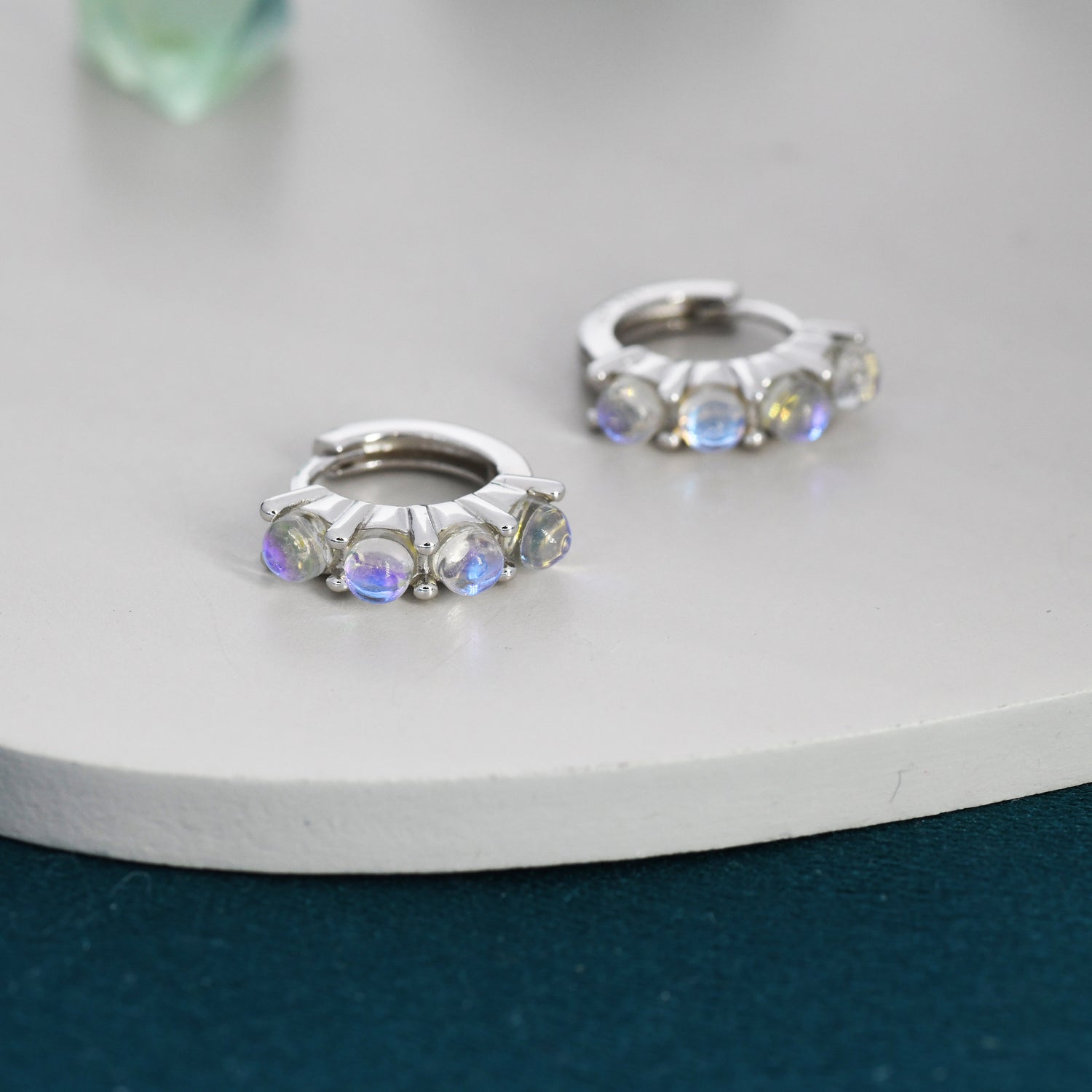 Moonstone Huggie Hoops in Sterling Silver, 8mm Moonstone Hoops, Silver or Gold, Dainty Lab Moonstone Hoops Earrings, Simulated Moonstones