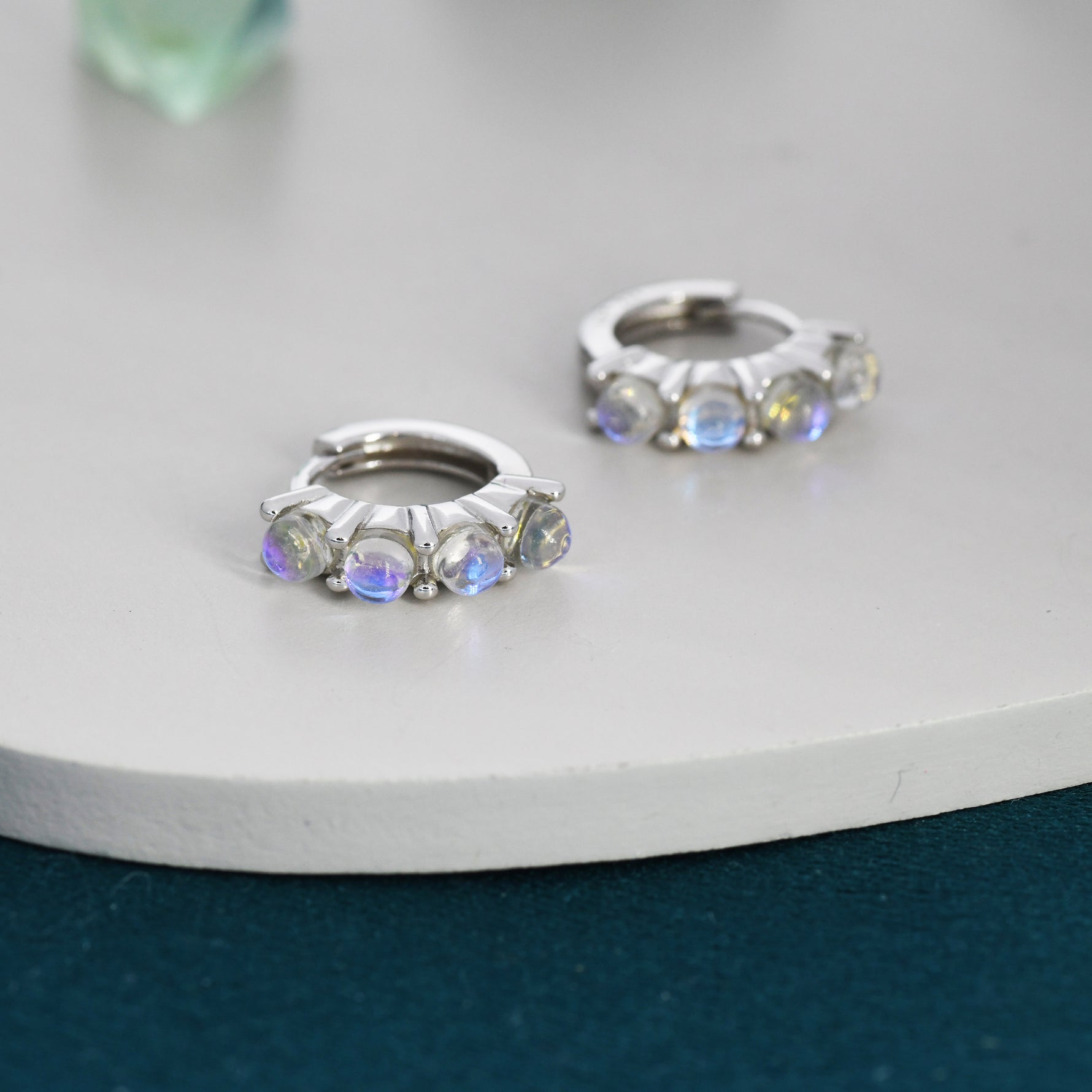 Moonstone Huggie Hoops in Sterling Silver, 8mm Moonstone Hoops, Silver or Gold, Dainty Lab Moonstone Hoops Earrings, Simulated Moonstones